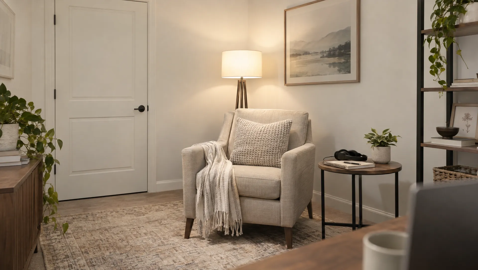 A private room is set up for online therapy with a chair, closed door, headphones and a notebook on a side table.