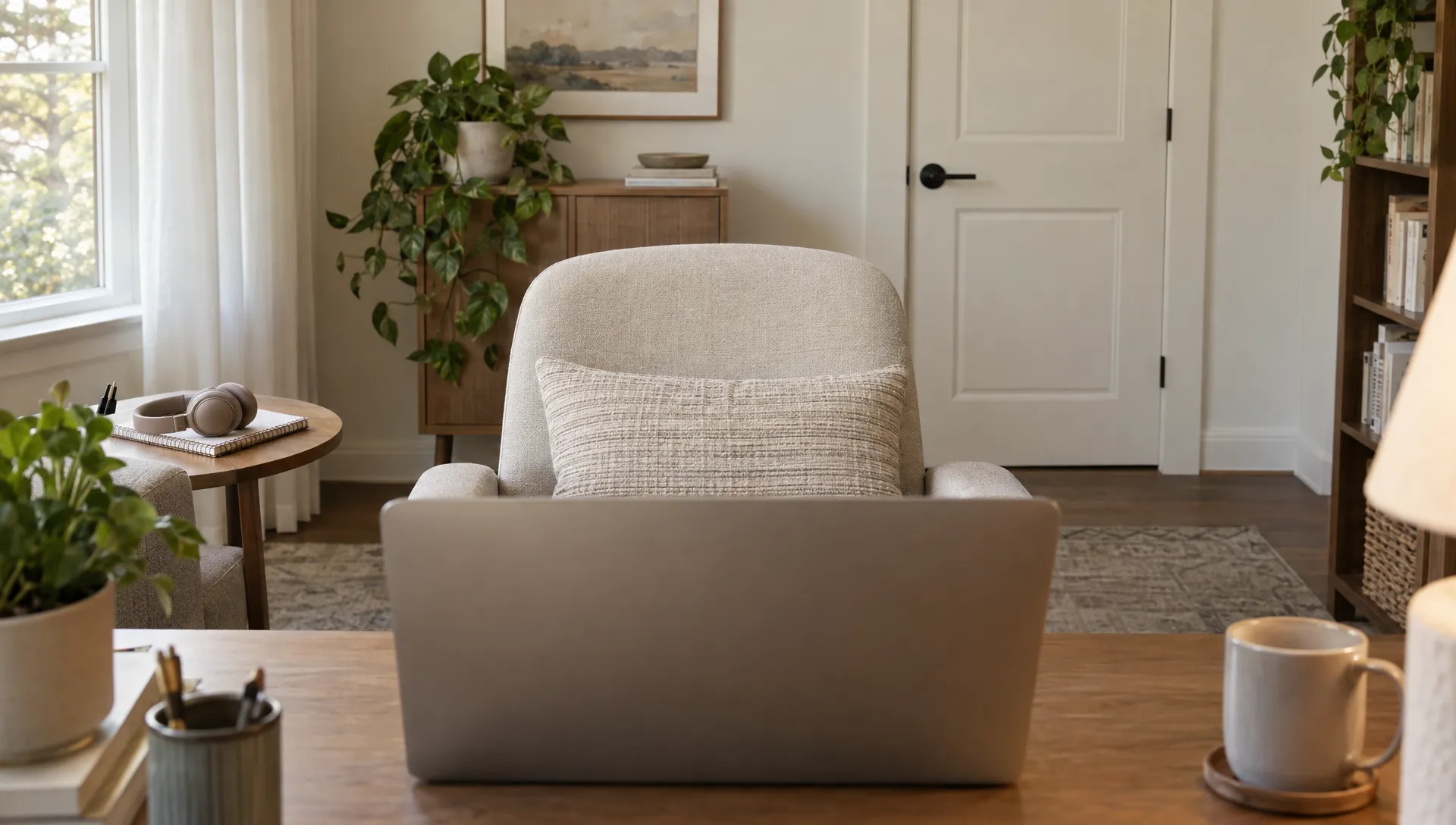 Landscape view of a calm home office prepared for a virtual therapy session, with a laptop open on a desk facing the camera, a comfortable chair pulled in, a closed door in the background, a notebook and headphones resting on a side table, and a soft window view.