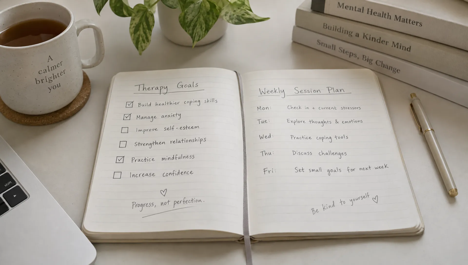 An open notebook on a table with handwritten therapy goals, showing a flexible way to plan weekly sessions.