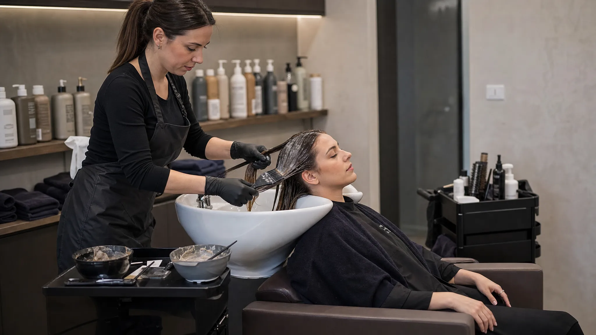 Une coiffeuse applique une patine sur les longueurs d’une cliente assise au bac de lavage, avec les bras du fauteuil, les bols de coloration et le matériel rangé à proximité.