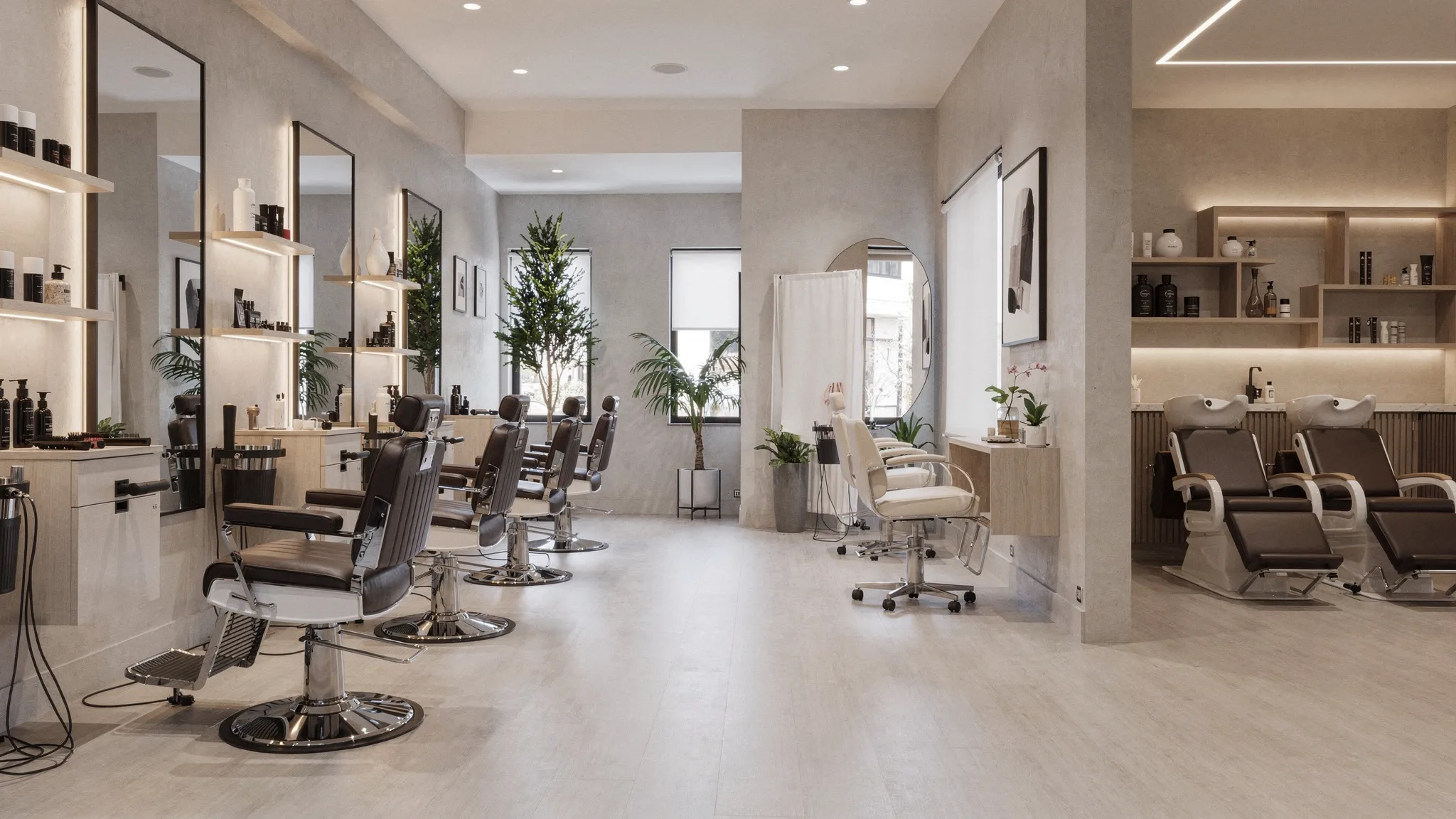 Un salon organisé autour de deux zones distinctes, avec d’un côté des fauteuils de barbier et de l’autre des postes de coupe et une zone de soin, montrés dans une vue d’ensemble lisible et équilibrée.