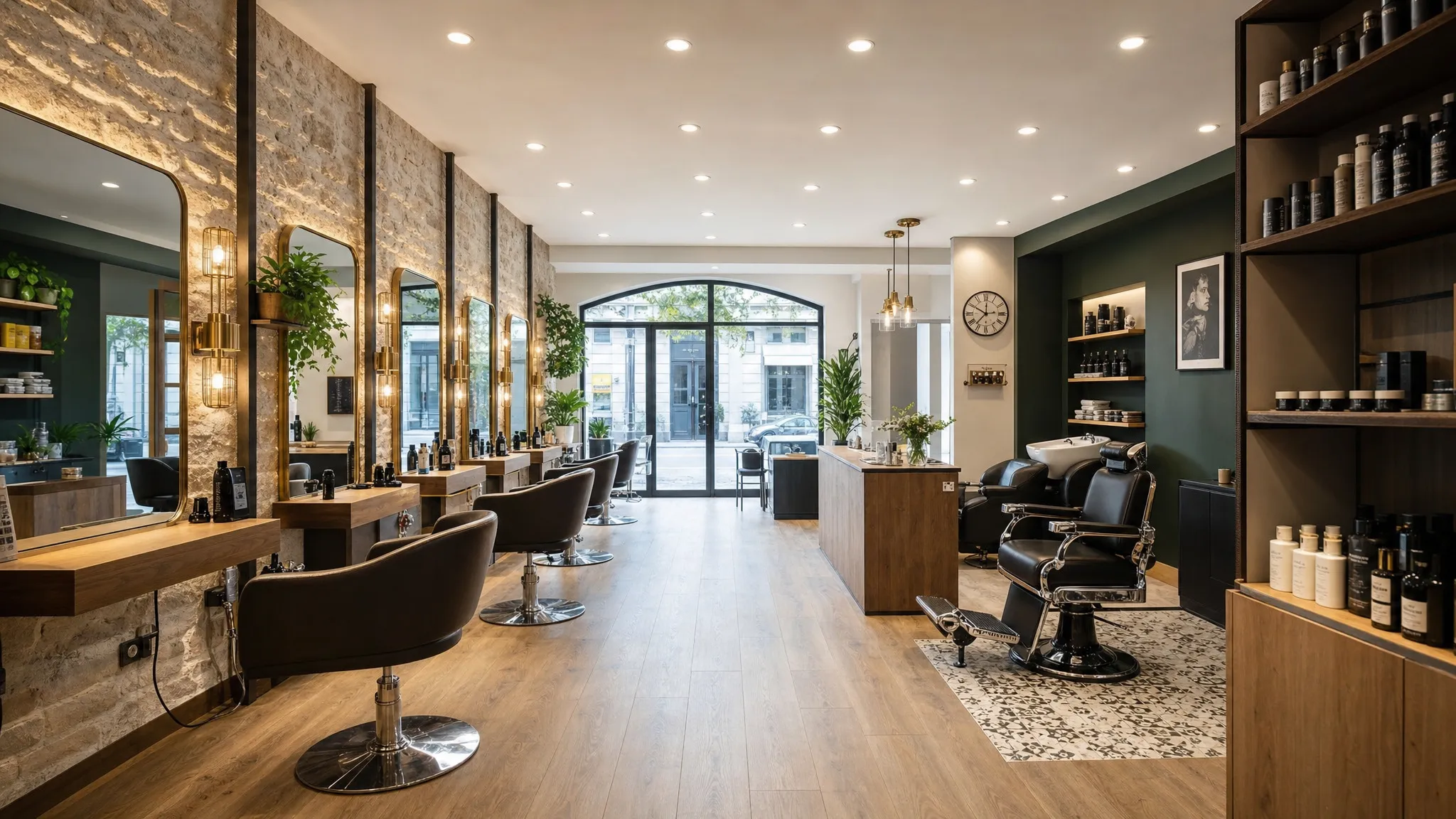 Un salon de coiffure parisien lumineux avec plusieurs postes de coiffage, un espace barber soigné, des produits rangés sur des étagères et une ambiance accueillante qui met en avant le conseil client et la qualité de service, vu en perspective depuis l’entrée.