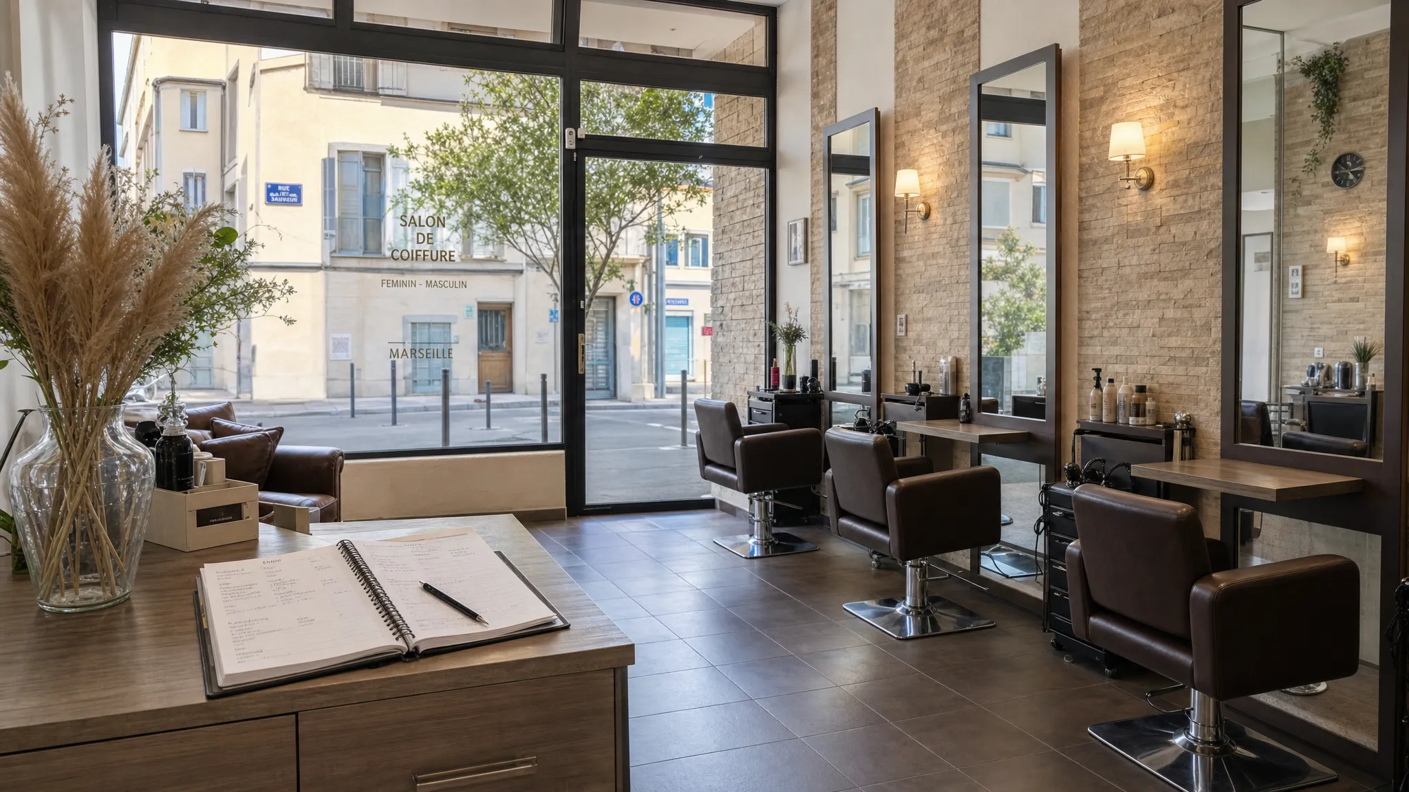 Vue intérieure large d’un salon de coiffure à Marseille en début d’après-midi, avec des fauteuils inoccupés, un carnet de rendez-vous ouvert sur le comptoir et la vitrine donnant sur une rue méditerranéenne calme.