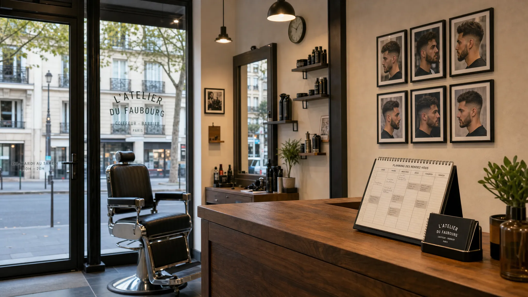 Un salon de coiffure parisien vu depuis l’entrée, avec un fauteuil de barbier près de la vitrine, un planning de rendez-vous posé sur le comptoir et quelques photos de résultats accrochées au mur, pour évoquer l’équilibre entre visibilité locale et image de marque.
