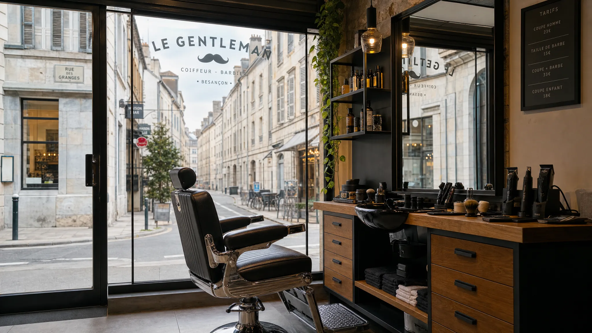Un barber shop à Besançon vu depuis l’intérieur, avec un fauteuil de barbier près de la vitrine, un miroir, des outils de coupe rangés sur un meuble et la rue du quartier visible au dehors.