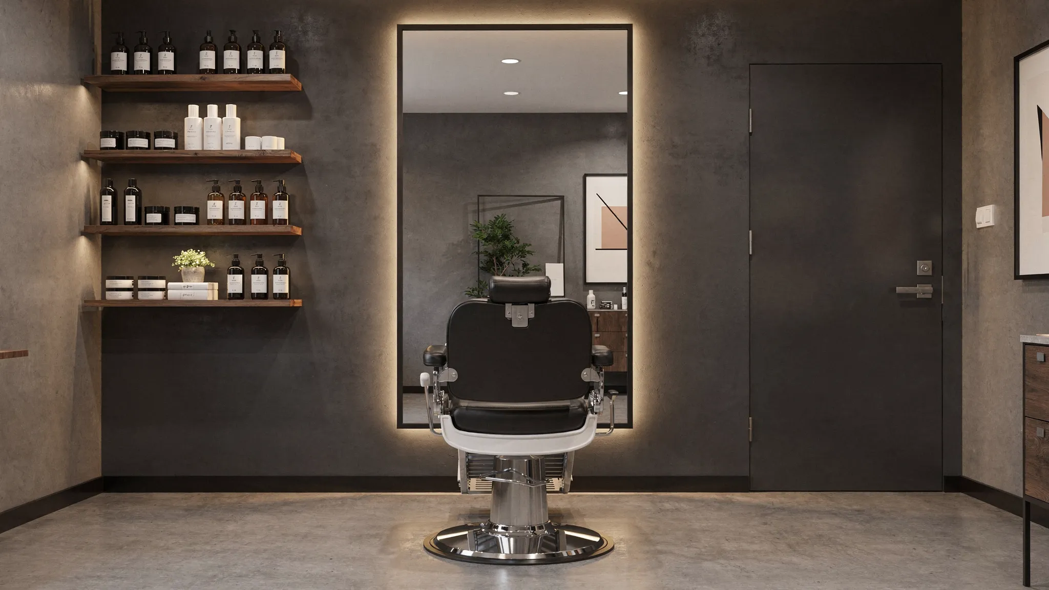 Un studio barber moderne avec un fauteuil de barbier, un miroir, des produits de soin masculins rangés sur une étagère et une ambiance intimiste pensée pour une expérience premium.