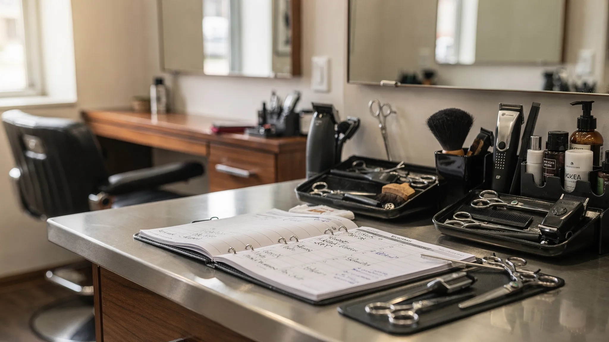 Un comptoir de barber shop moderne avec fauteuils de coiffure, outils bien rangés et agenda professionnel ouvert, symbolisant une organisation claire des rendez-vous.