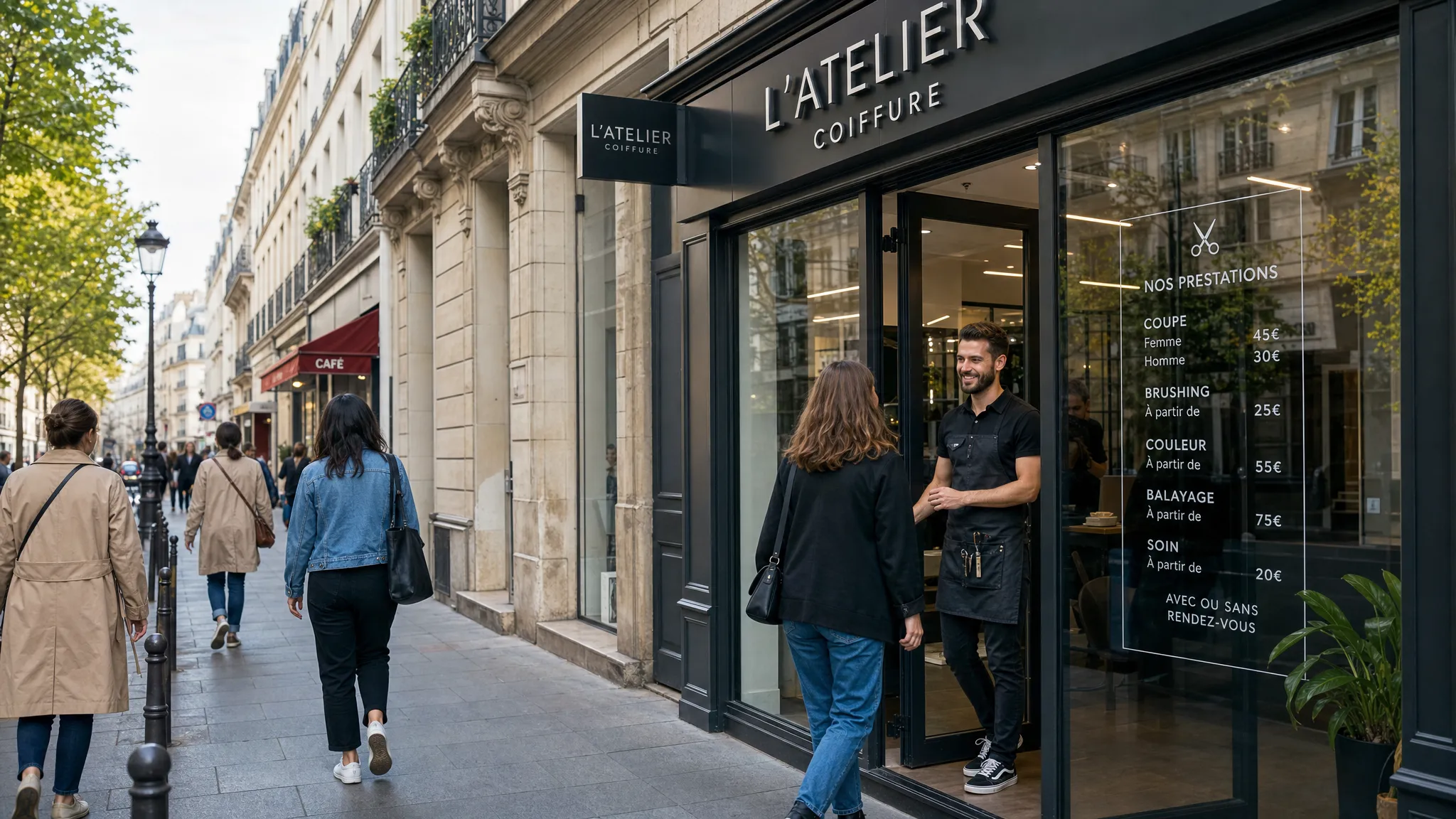 Une rue parisienne vivante avec une devanture de salon de coiffure moderne, des passants du quartier, une vitrine claire indiquant les prestations et un coiffeur accueillant un client à l’entrée.