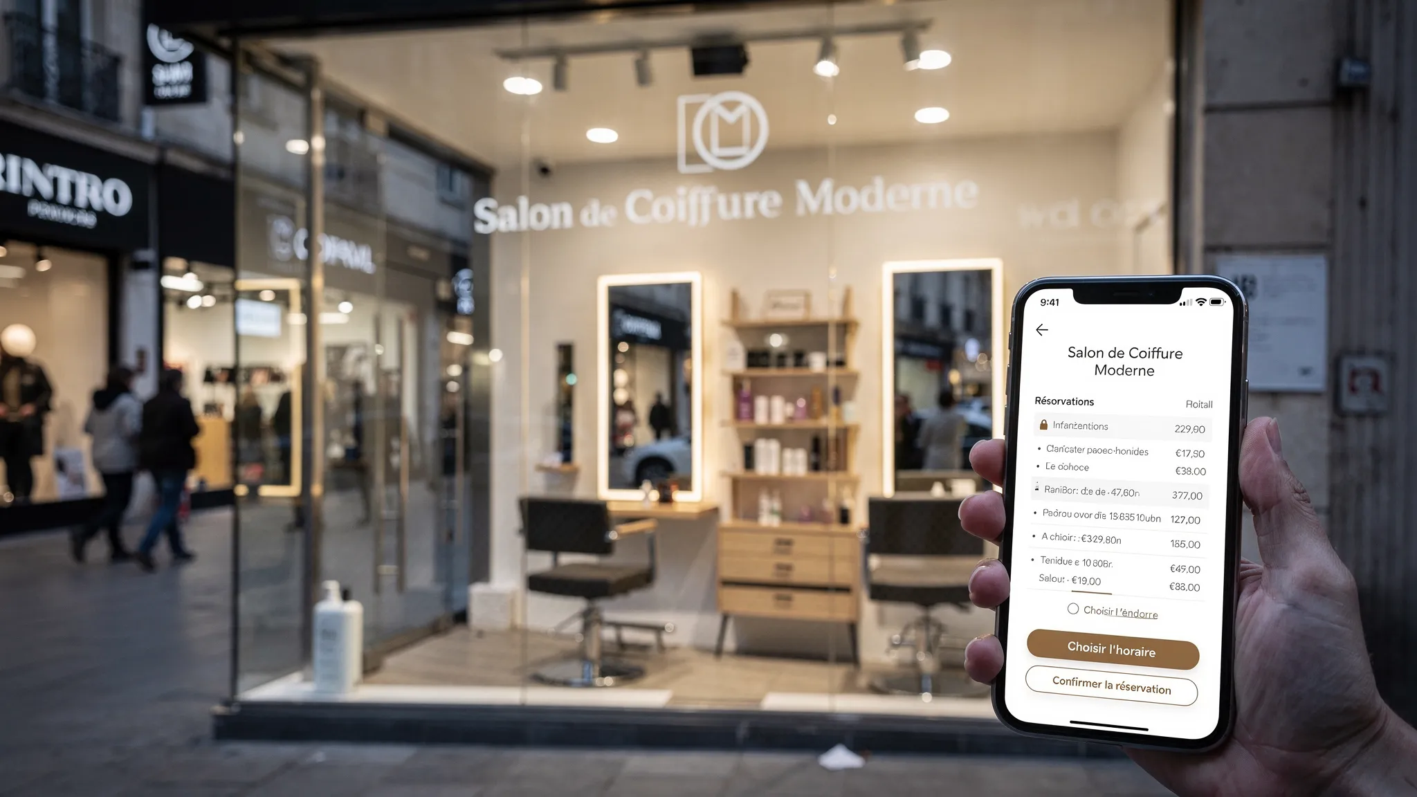 Une vitrine de salon de coiffure moderne dans une rue commerçante, avec un smartphone au premier plan affichant une page de réservation en ligne du salon.