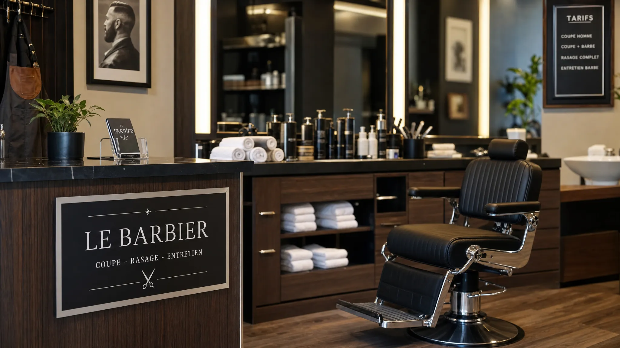 Vue rapprochée d’un poste de barber shop soigné avec fauteuil en cuir, serviettes pliées, produits alignés, miroir éclairé et comptoir d’accueil ordonné, pour illustrer une identité de salon reconnaissable.