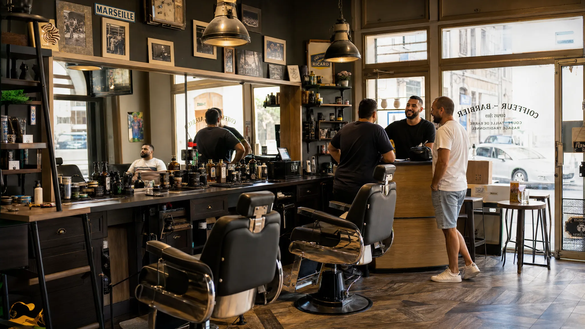 Un barber shop de quartier à Marseille vu en plan moyen, avec deux fauteuils de barbier, un grand miroir, des produits de soin pour barbe sur le comptoir et des habitués en discussion près de la caisse, dans une ambiance chaleureuse et locale.