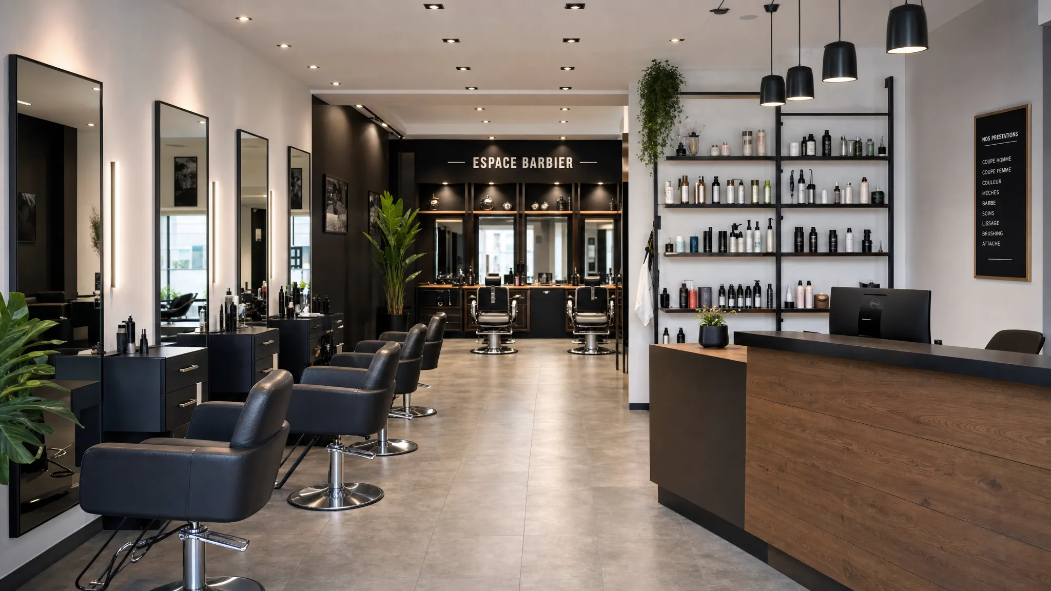 Un salon de coiffure moderne vu de face, avec fauteuils bien alignés, espace barbier propre, étagères de produits soignées et comptoir d’accueil organisé.