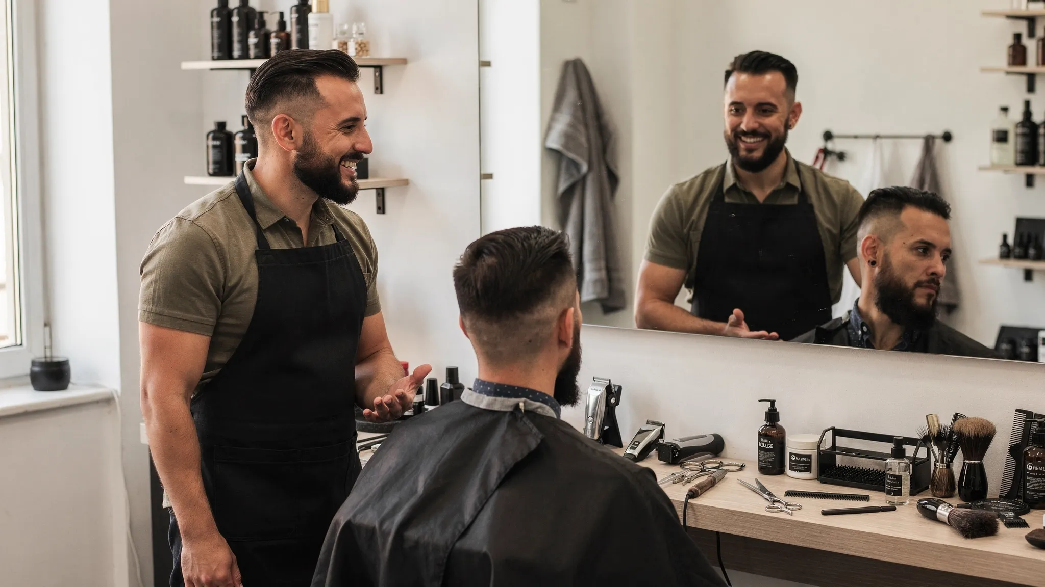 Un barbier coiffeur échange avec un client installé au fauteuil, avec des outils de coupe, des produits de soin barbe et un miroir dans un salon propre et professionnel.