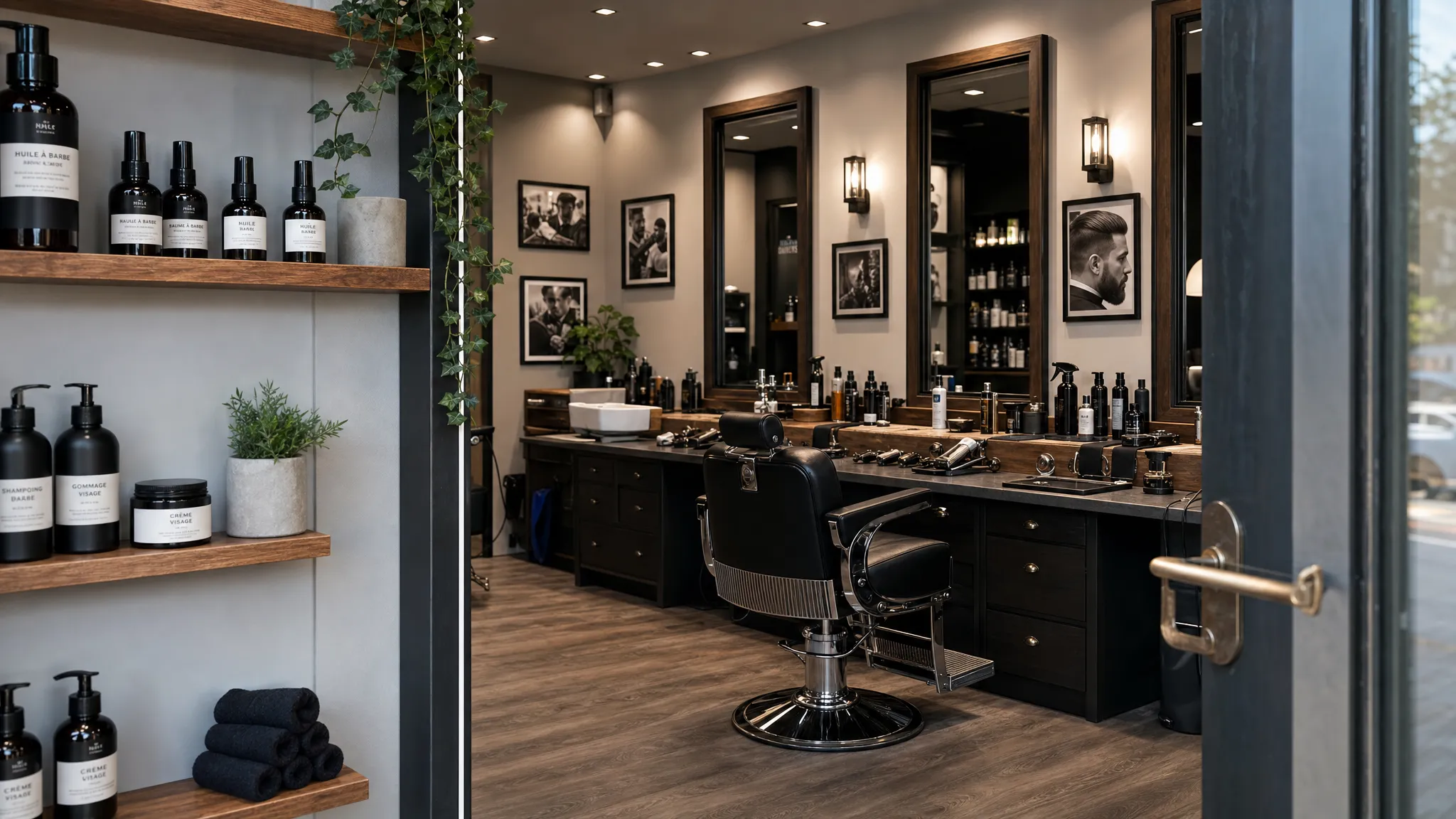 Un atelier de barber moderne vu en léger angle depuis l’entrée, avec un fauteuil de barbier au centre, des miroirs alignés, des outils de coupe organisés sur le poste de travail et quelques produits de soin pour barbe et cheveux visibles sur une étagère.