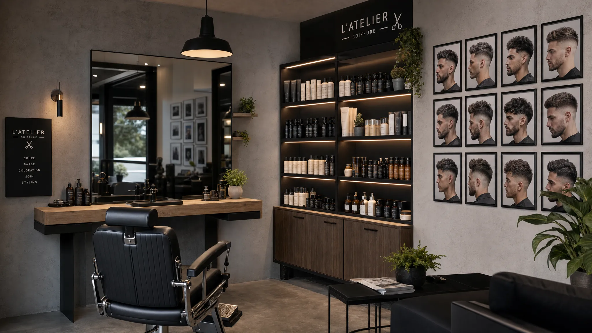 Intérieur d’un salon de coiffure moderne avec un fauteuil de coiffage, des produits bien alignés et un mur de photos de coupes cohérentes, montrant une identité de marque claire et reconnaissable.