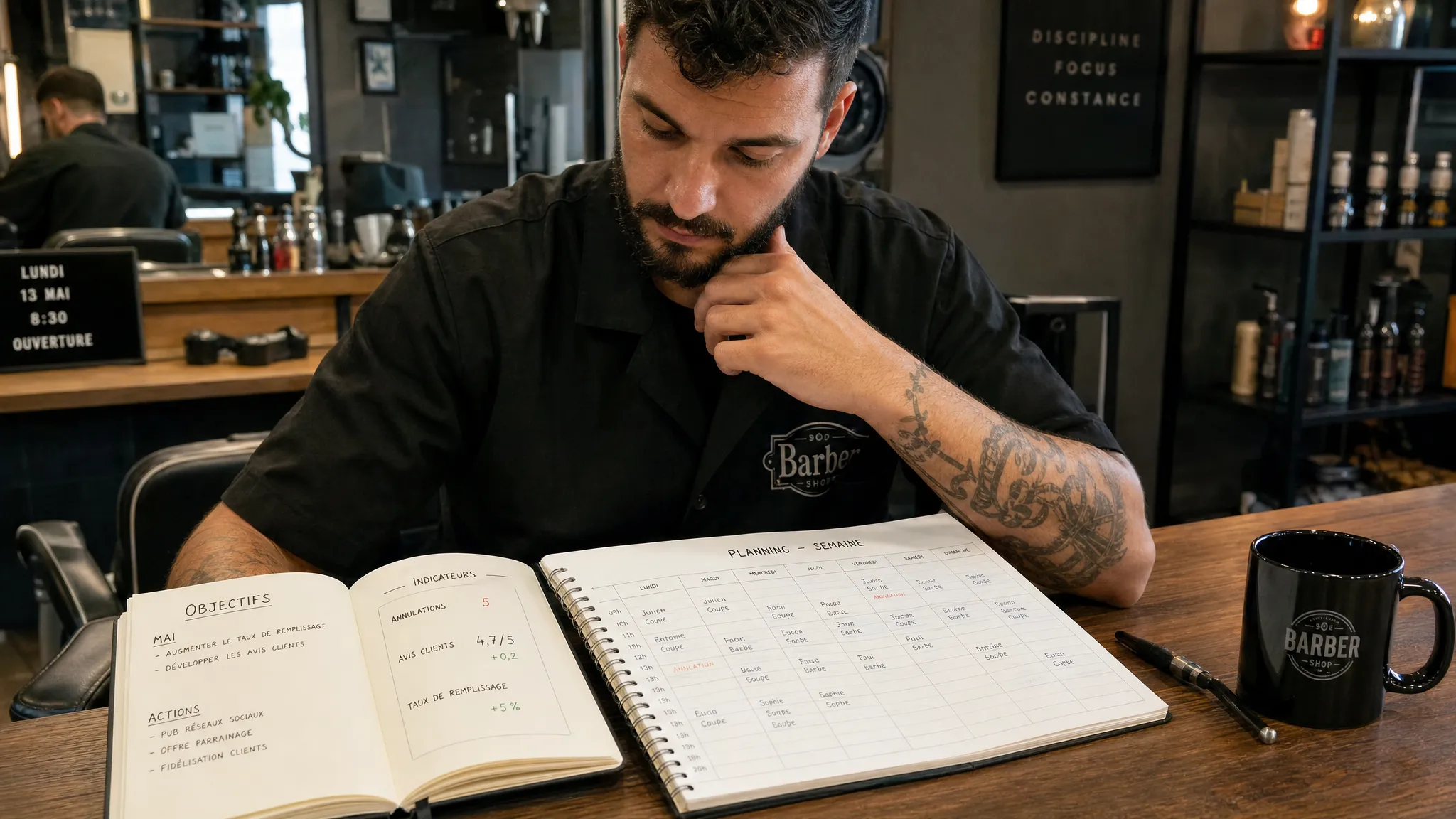 Un barbier consulte son planning hebdomadaire avant l’ouverture, avec un carnet d’objectifs ouvert, un calendrier de rendez-vous et quelques indicateurs simples notés à côté, comme les annulations, les avis clients et le taux de remplissage.