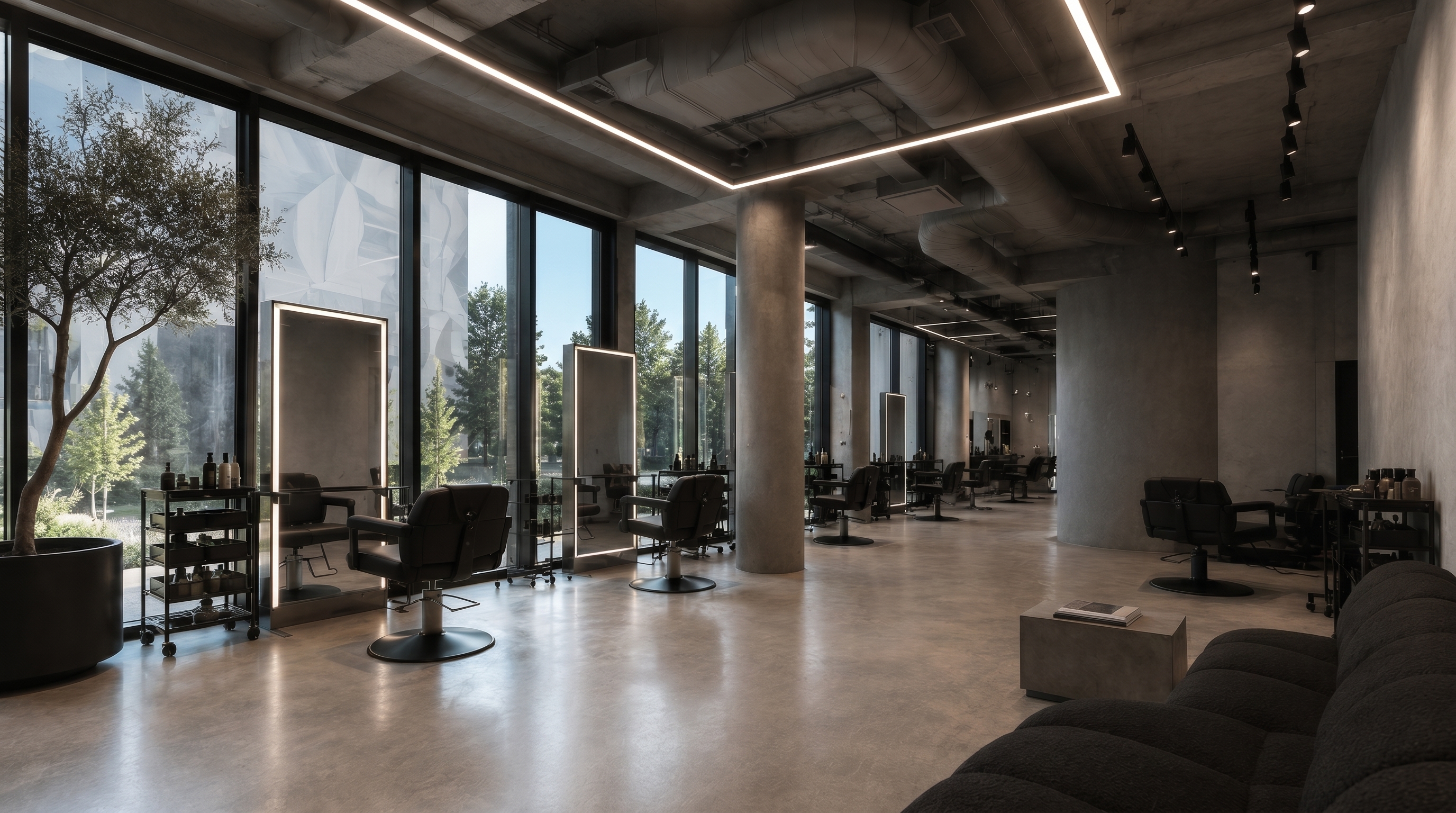 Un salon de coiffure lumineux et propre avec fauteuils, miroirs, postes de coupe bien rangés, produits capillaires organisés et ambiance professionnelle accueillante.