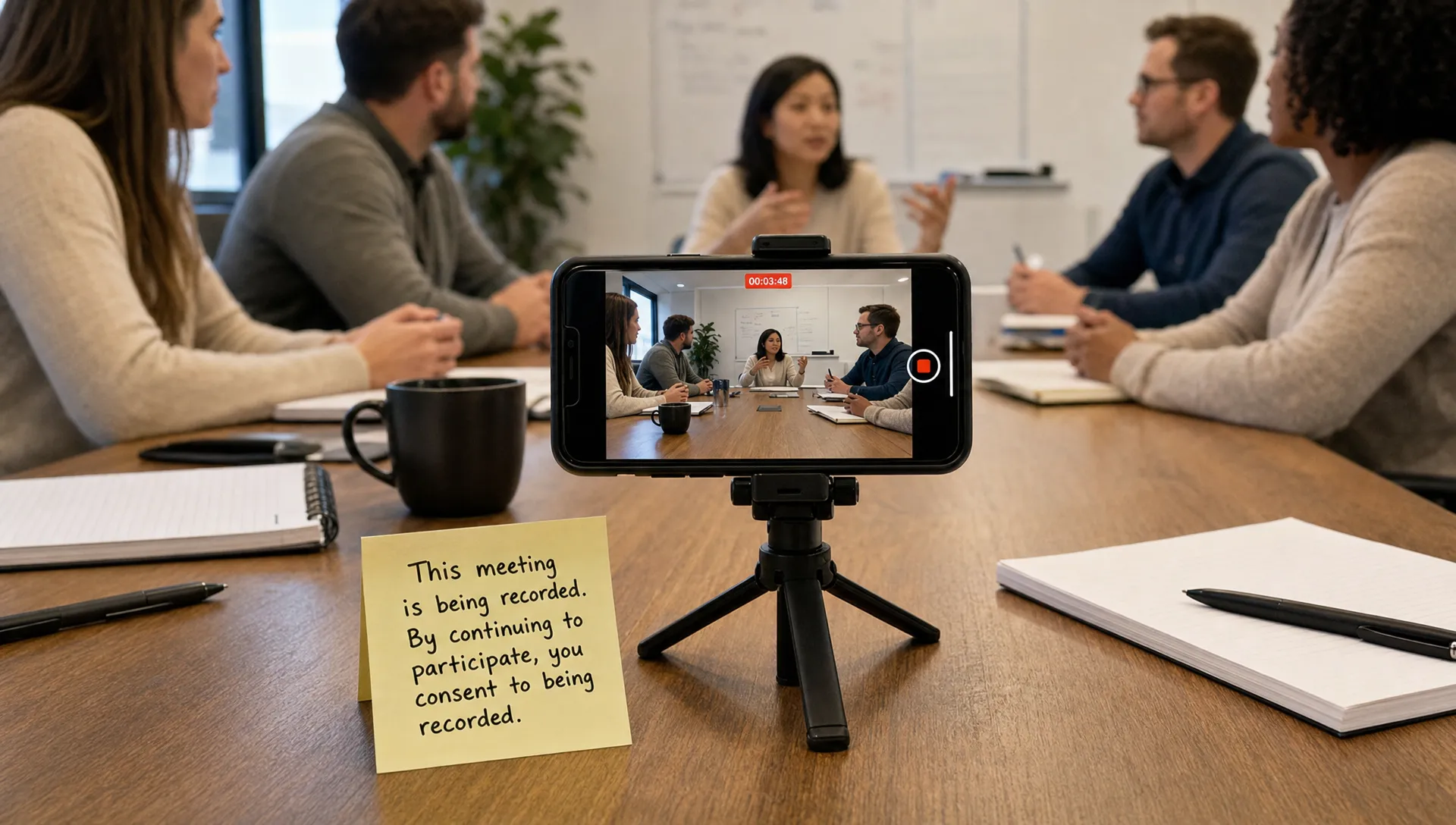 A smartphone on a conference table recording an in-person meeting, with notebooks, pens, and a small consent note beside it while people discuss around the table.
