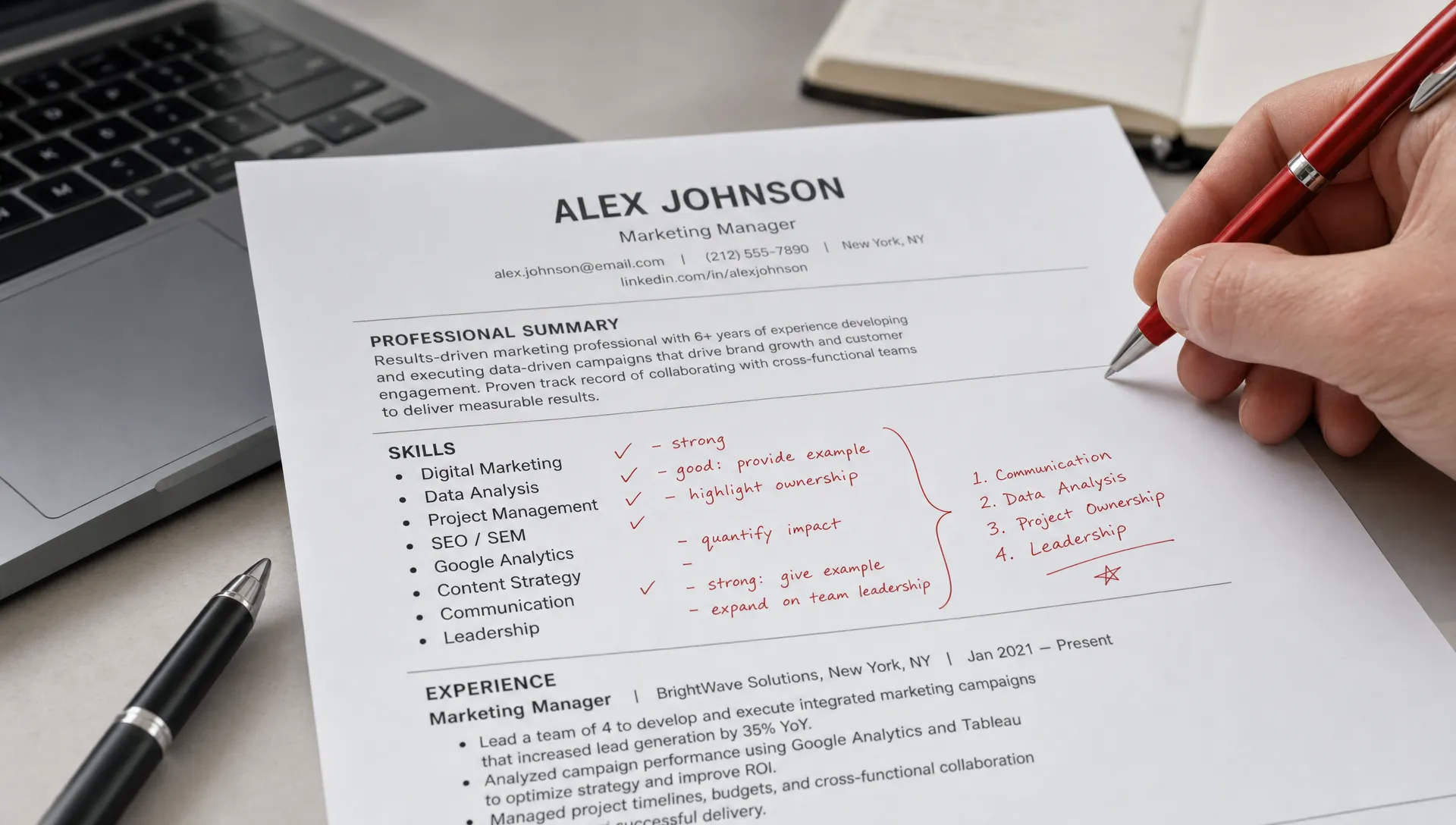 A recruiter marks resume skills on a printed resume beside a laptop, with notes about communication, data analysis, project ownership and leadership.