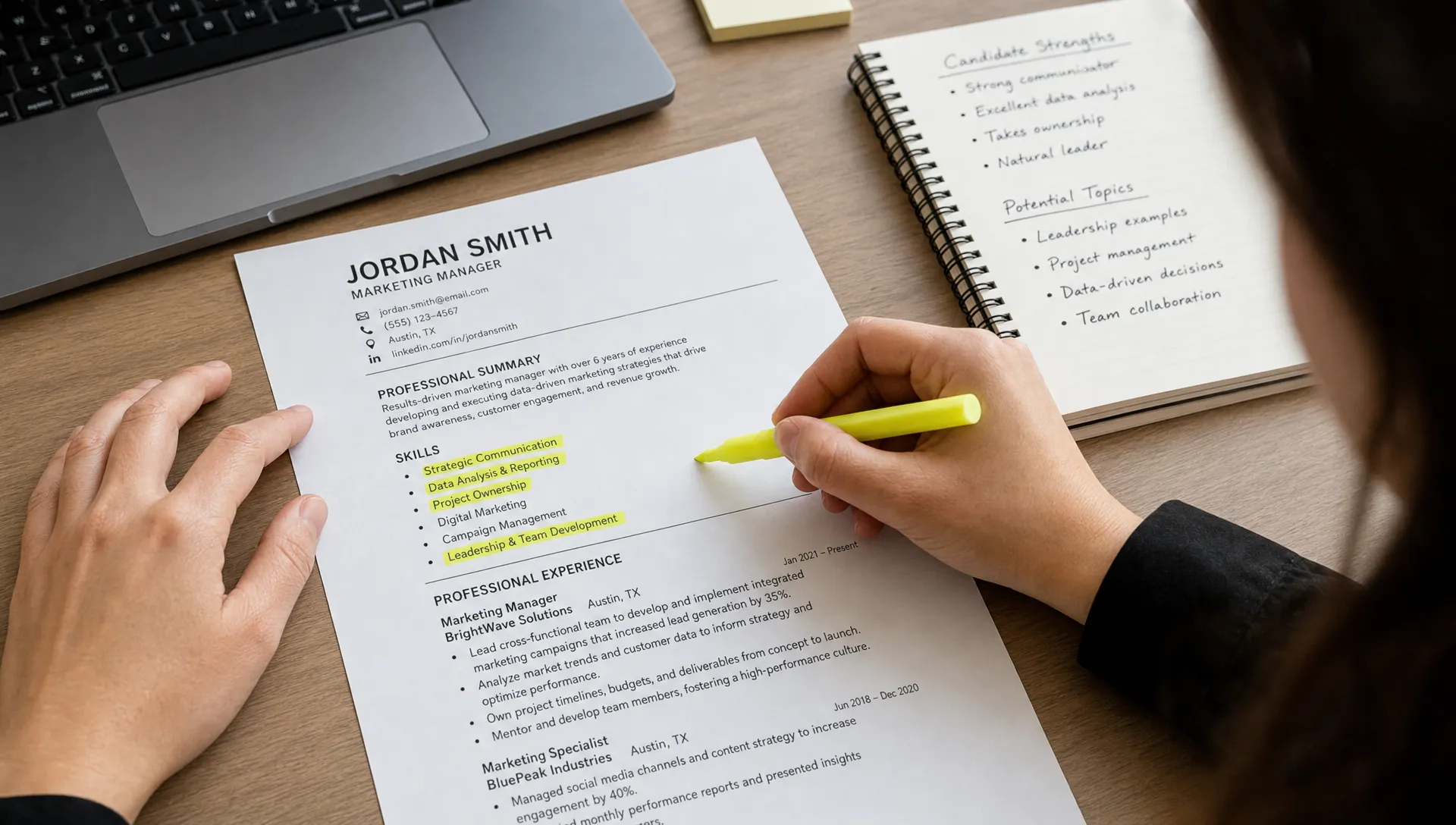 A recruiter highlights resume skills on a printed resume beside a laptop, with notes about communication, data analysis, project ownership and leadership.