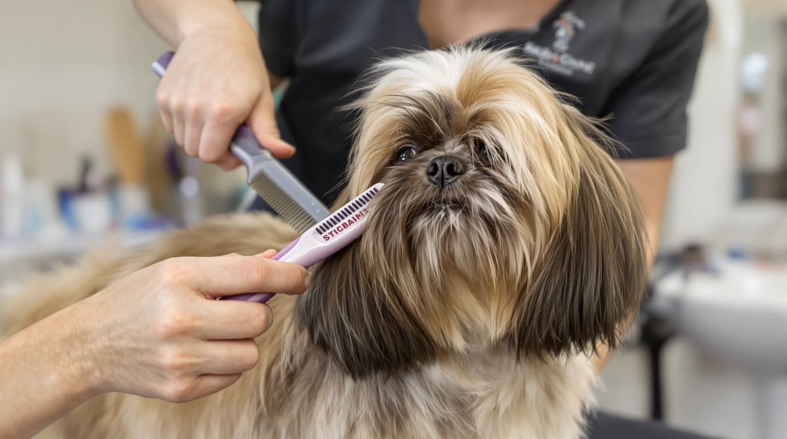 Groomer brushing a long-haired Shih Tzu after applying Pupr Dog Moisturising Conditioner, coat looks glossy under salon lights
