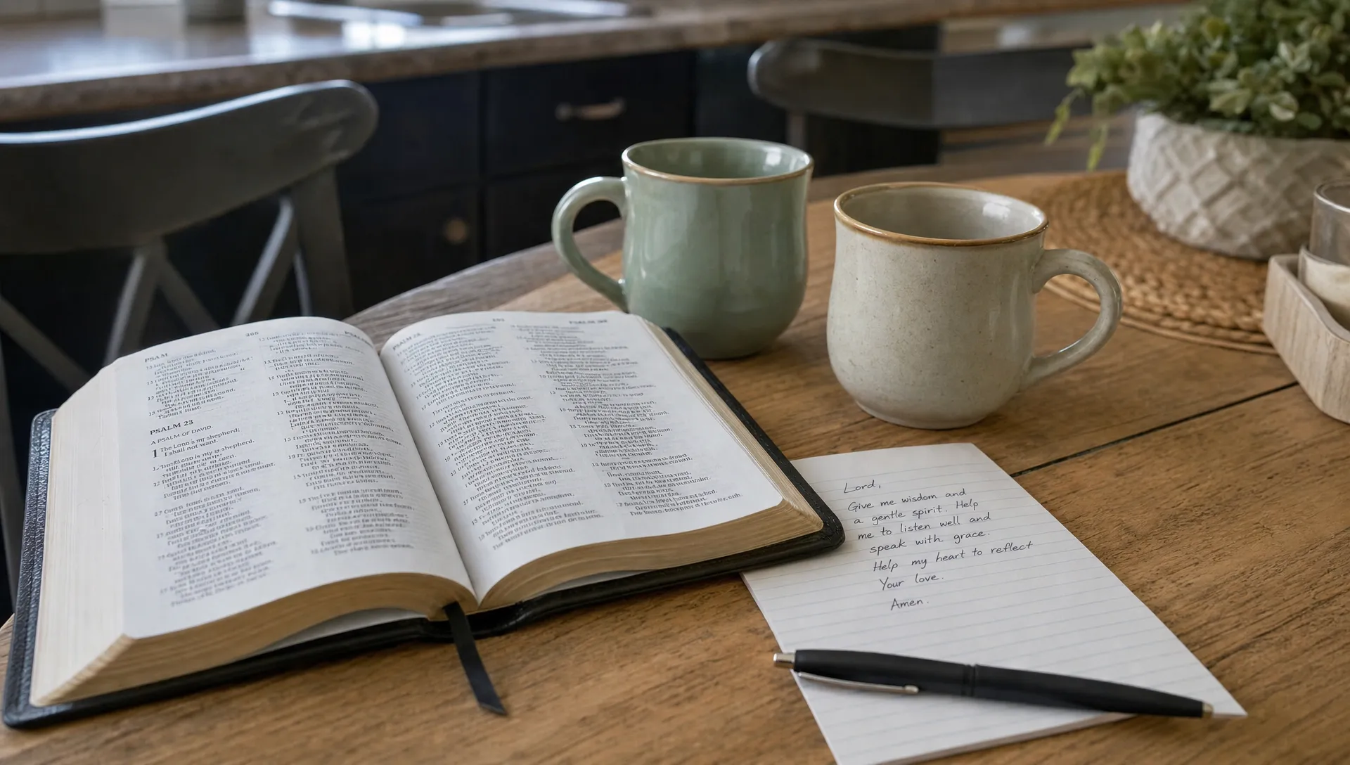 An open Bible on a kitchen table beside two mugs and a handwritten note, suggesting prayerful reflection before a difficult conversation.