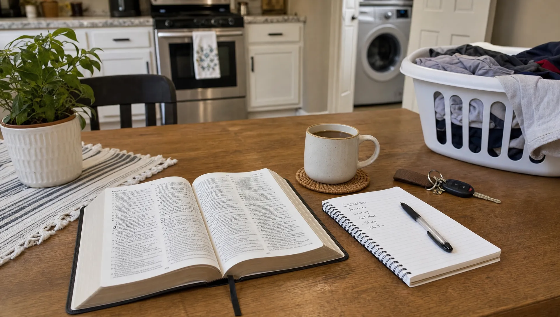 An open Bible on a kitchen table sits beside coffee, a notebook, keys and a laundry basket in an ordinary home.