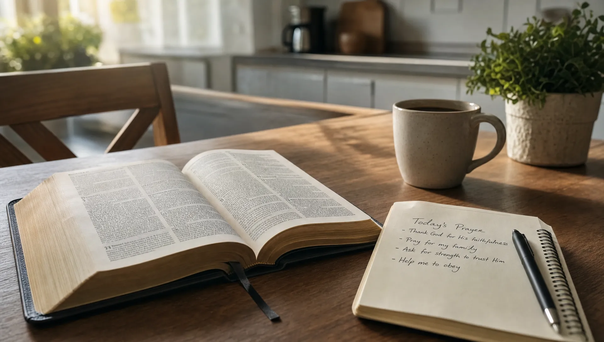 An open Bible on a kitchen table beside a notebook and coffee mug, showing a quiet morning of prayer, reflection and obedience.