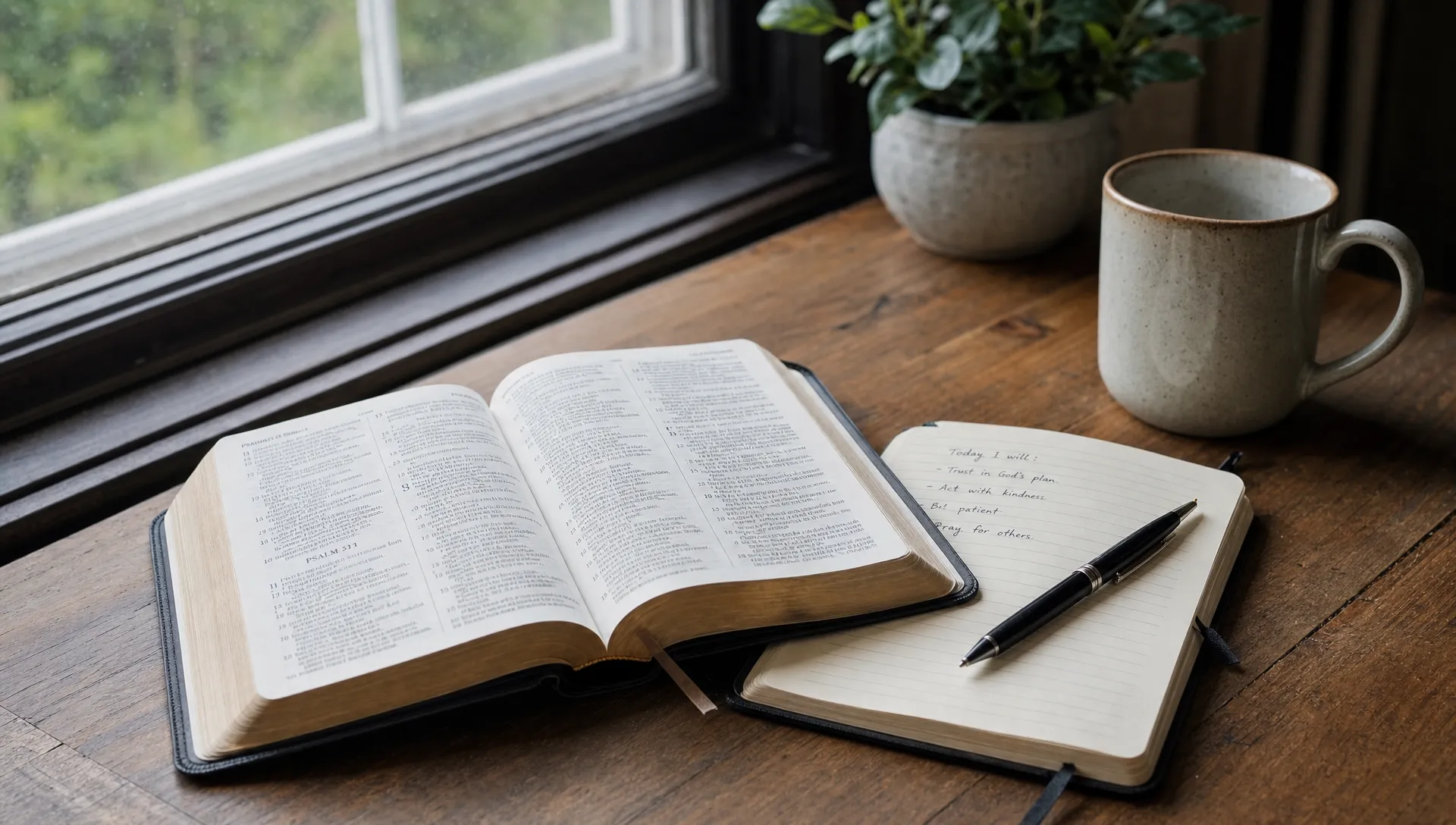 An open Bible beside a journal and pen near a window shows a quiet step of obedience from reading Scripture.