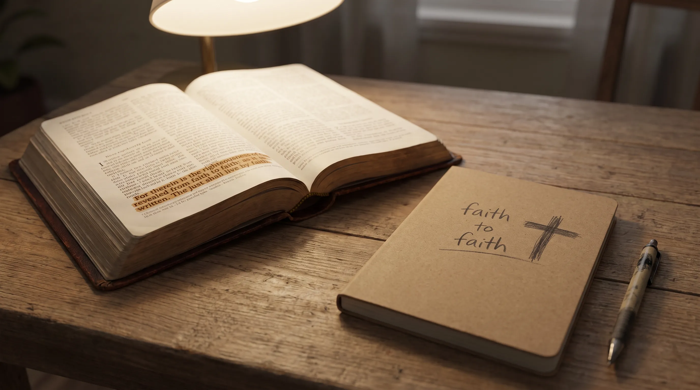 An open Bible on a wooden table with Romans 1:17 highlighted, a notebook nearby with faith to faith noted beside a simple cross sketch.