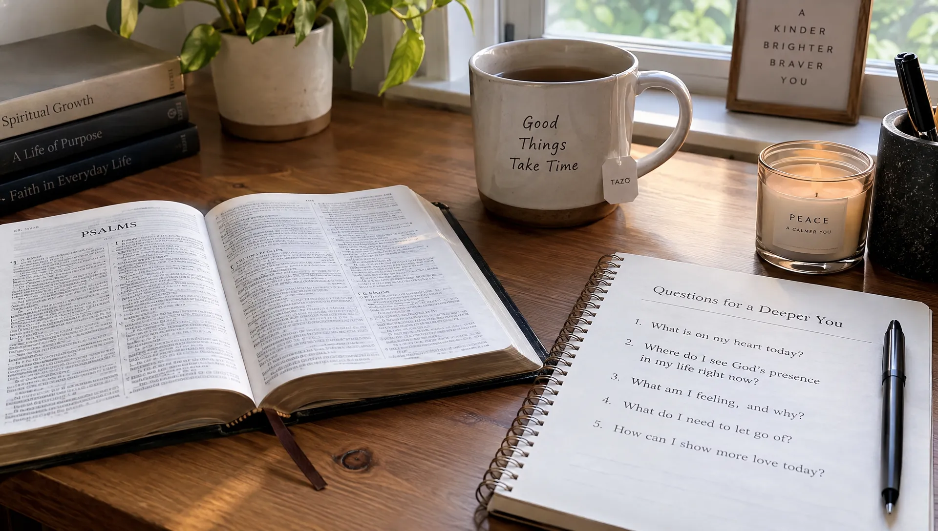 An open Bible and a journal of candid questions sit beside a mug of tea on a home writing desk, ready for reflection and prayer.