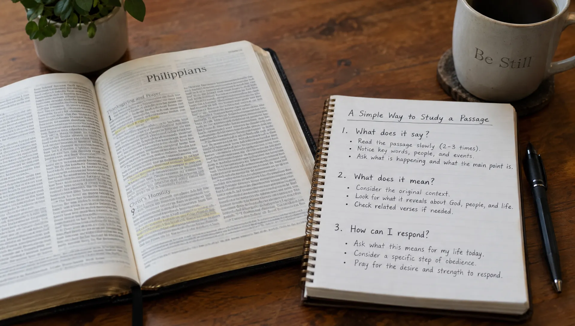 An open Bible and notebook with three prompts—what does it say, what does it mean, and how can I respond—outline a manageable way to study one passage.