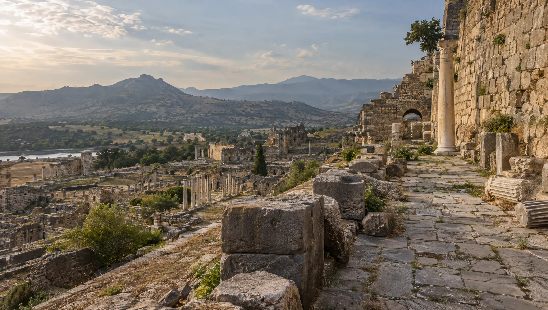 The remains of an ancient royal city stretch along a weathered stone wall, with distant hills beyond the ruins.