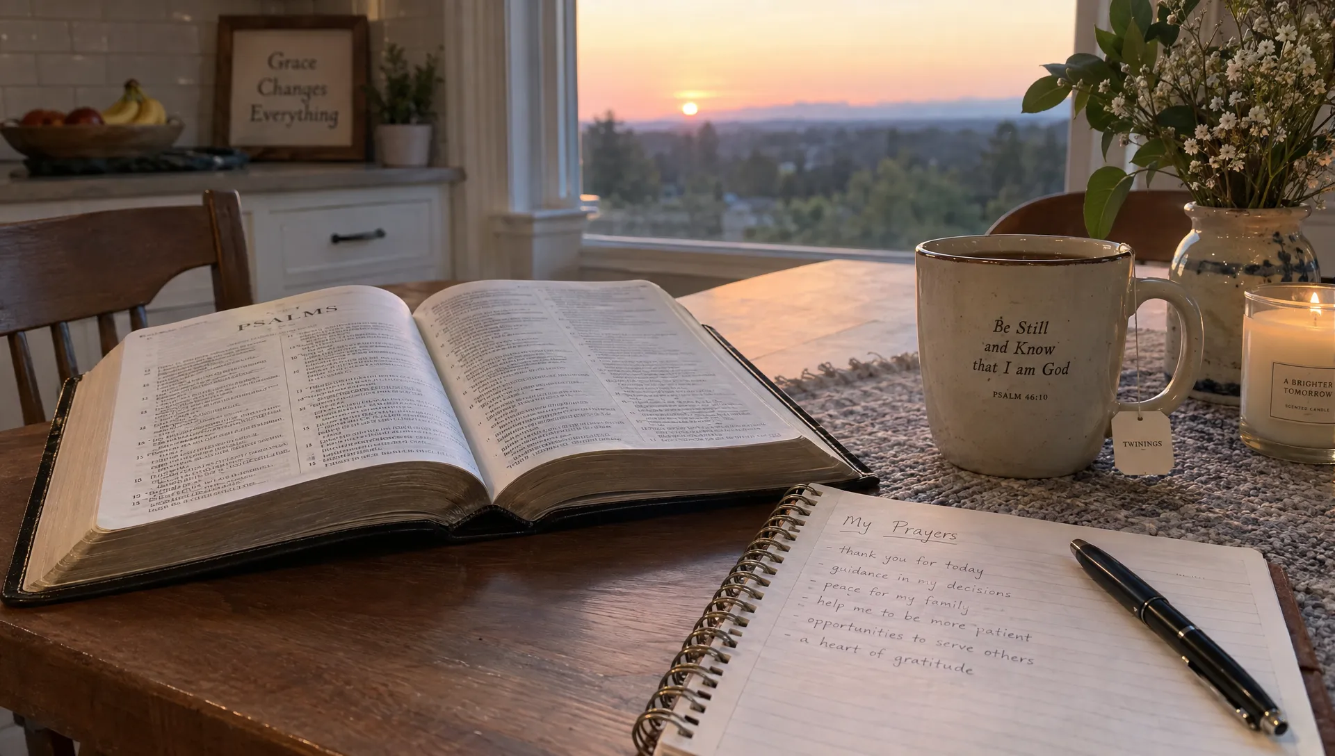 An open Bible and handwritten prayer journal rest beside a cup of tea on a kitchen table at dawn, a quiet setting for private prayer.