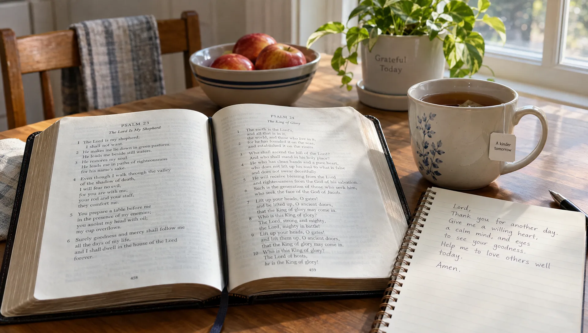 An open Bible with a brief handwritten prayer and a cup of tea rests on a kitchen table by a window, ready for a simple daily moment of faith.