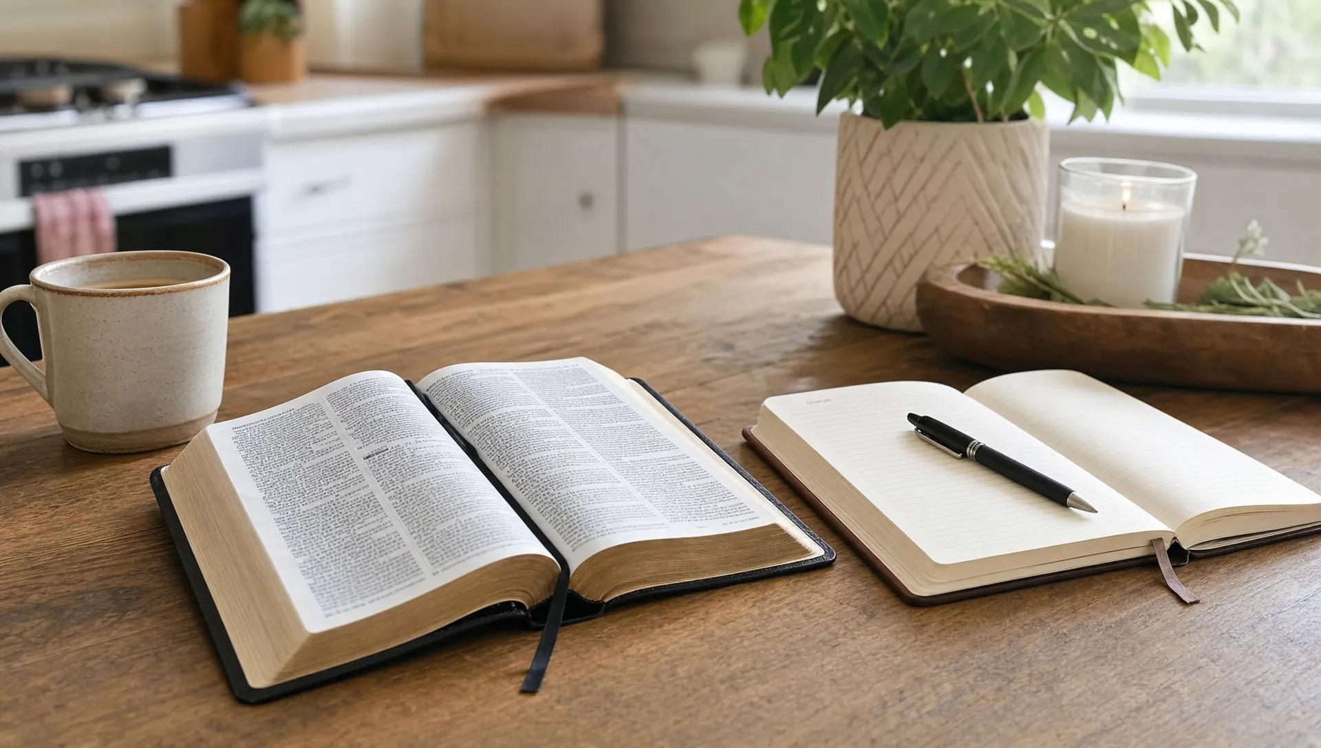 An open Bible beside a journal, pen and cup on a kitchen table for quiet weekly Scripture reflection.