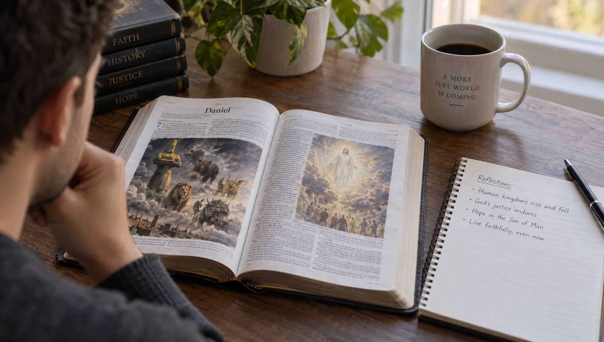 Daniel’s vision of kingdoms and the Son of man appears in an open Bible beside a reflective notebook, as a reader considers hope amid injustice.