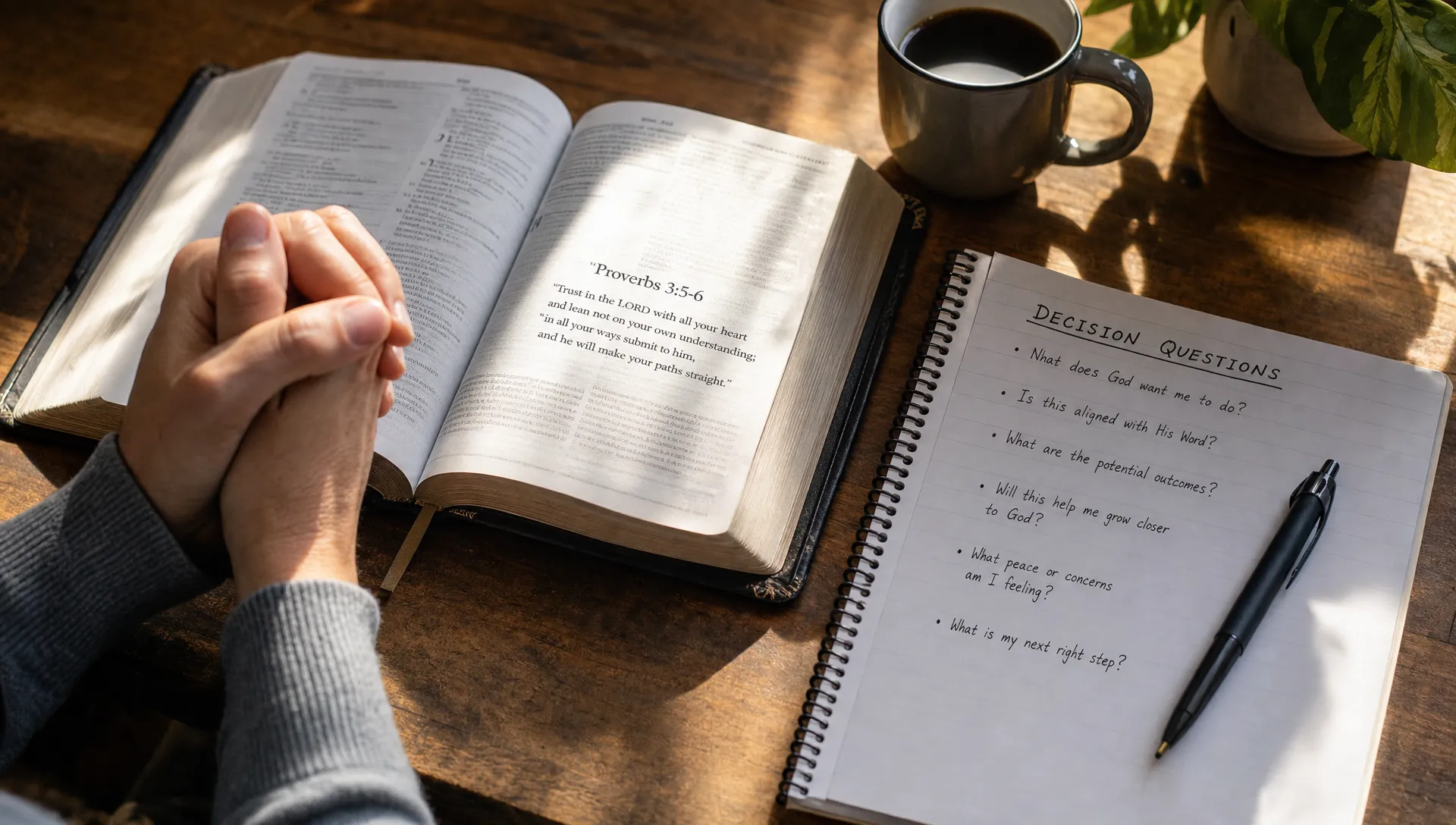 An open Bible on a wooden table beside a notebook of decision questions and a pen, with morning light across the page as someone prays through guidance scripture.