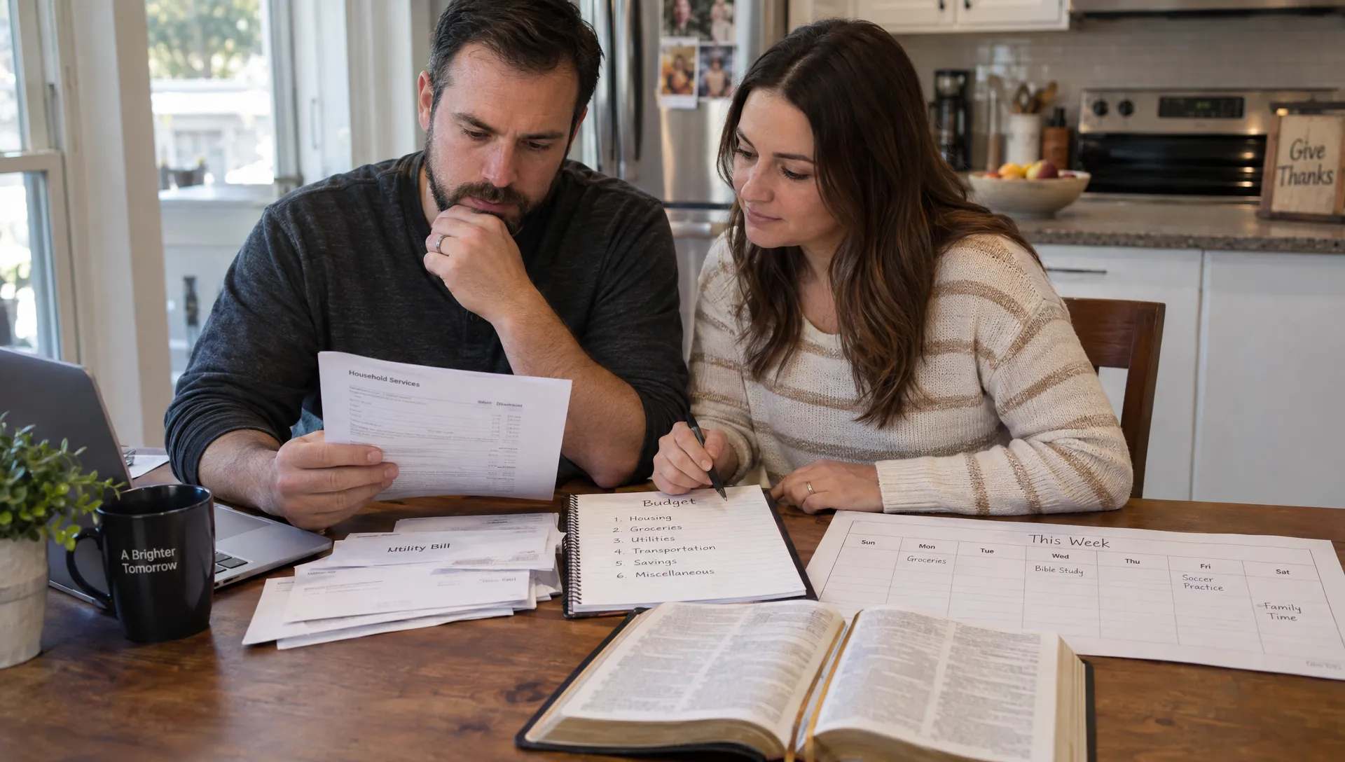A couple reviews household bills, a handwritten budget, and their weekly calendar at the kitchen table, with an open Bible nearby as they discuss responsible spending.