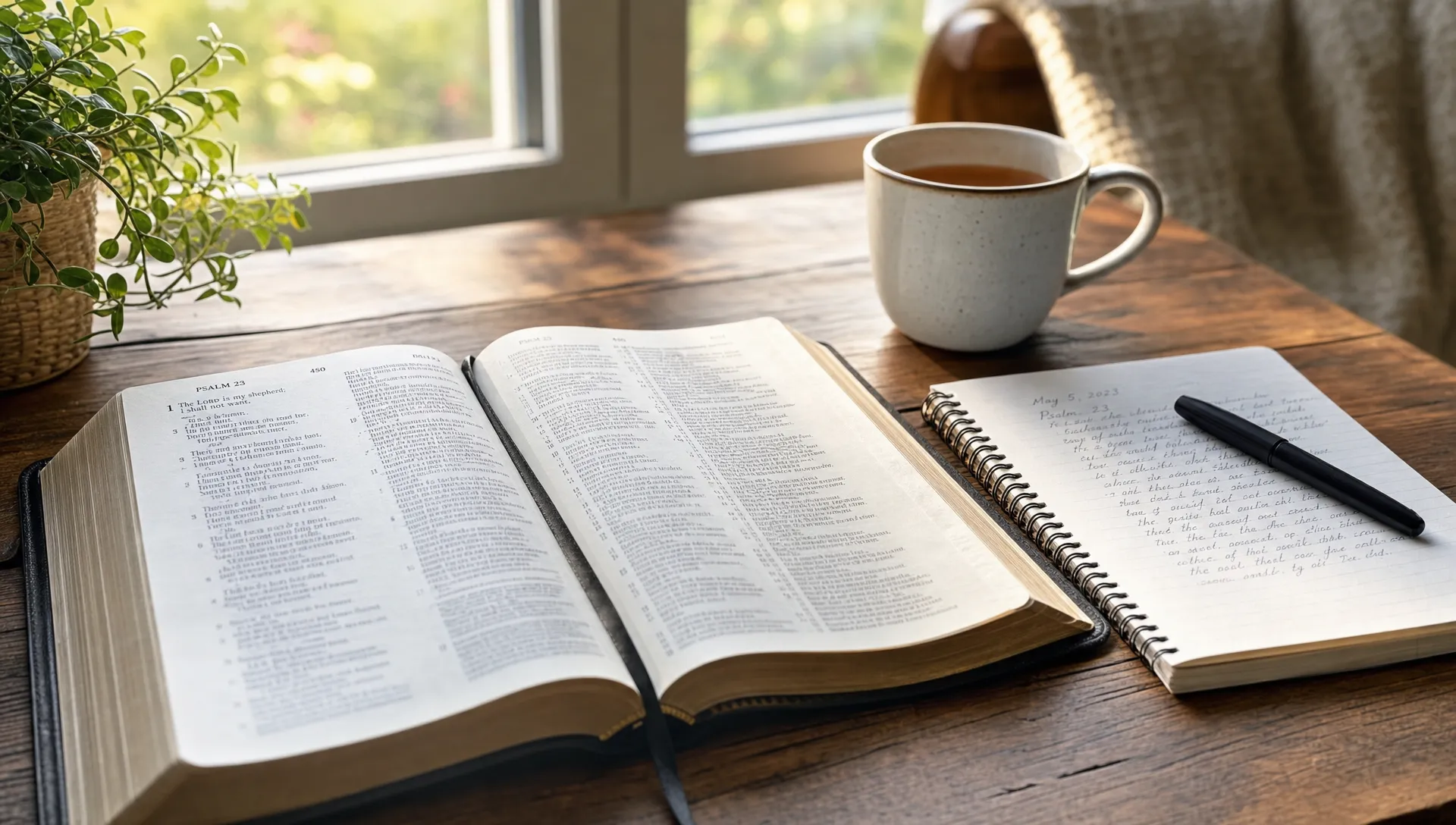 An open Bible lies beside a notebook and a warm cup of tea on a wooden table during a quiet morning devotion.