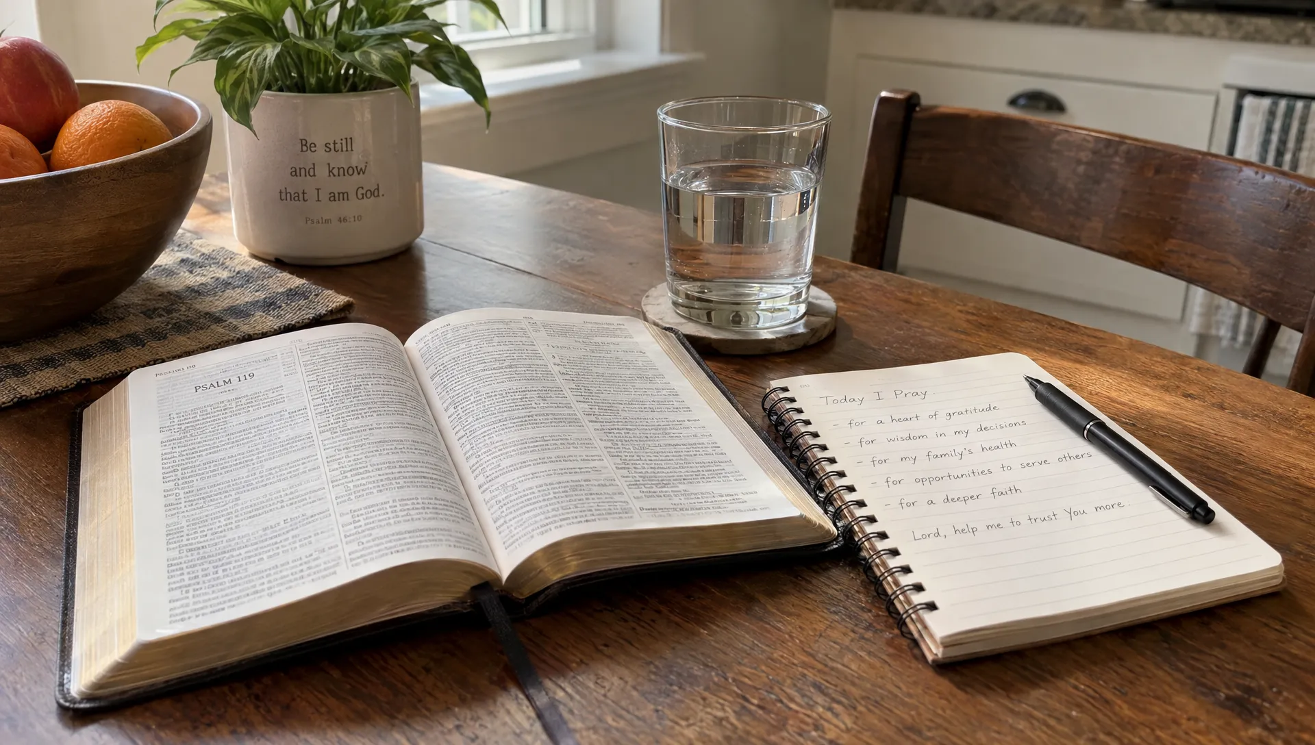 An open Bible and handwritten prayer journal sit on a kitchen table beside a glass of water, ready for a quiet moment of reading and prayer.