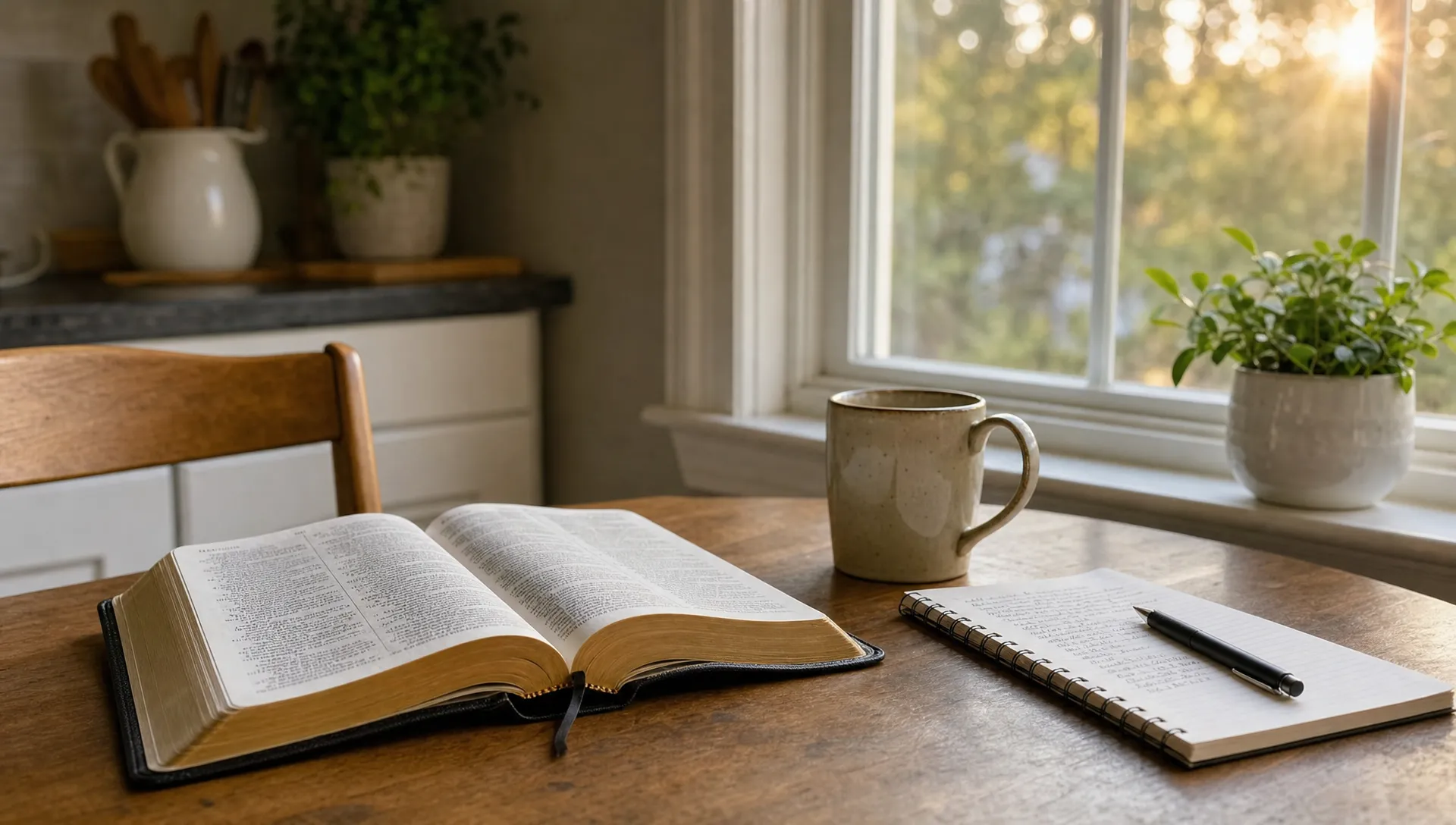 A quiet kitchen table with an open Bible, a notebook and a mug beside a window captures a peaceful moment of prayer before the day begins.