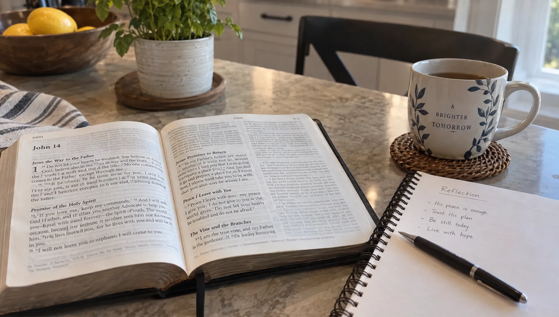 An open Bible turned to John 14 rests beside a reflection notebook and tea on a kitchen table, recalling Jesus’ words about peace.
