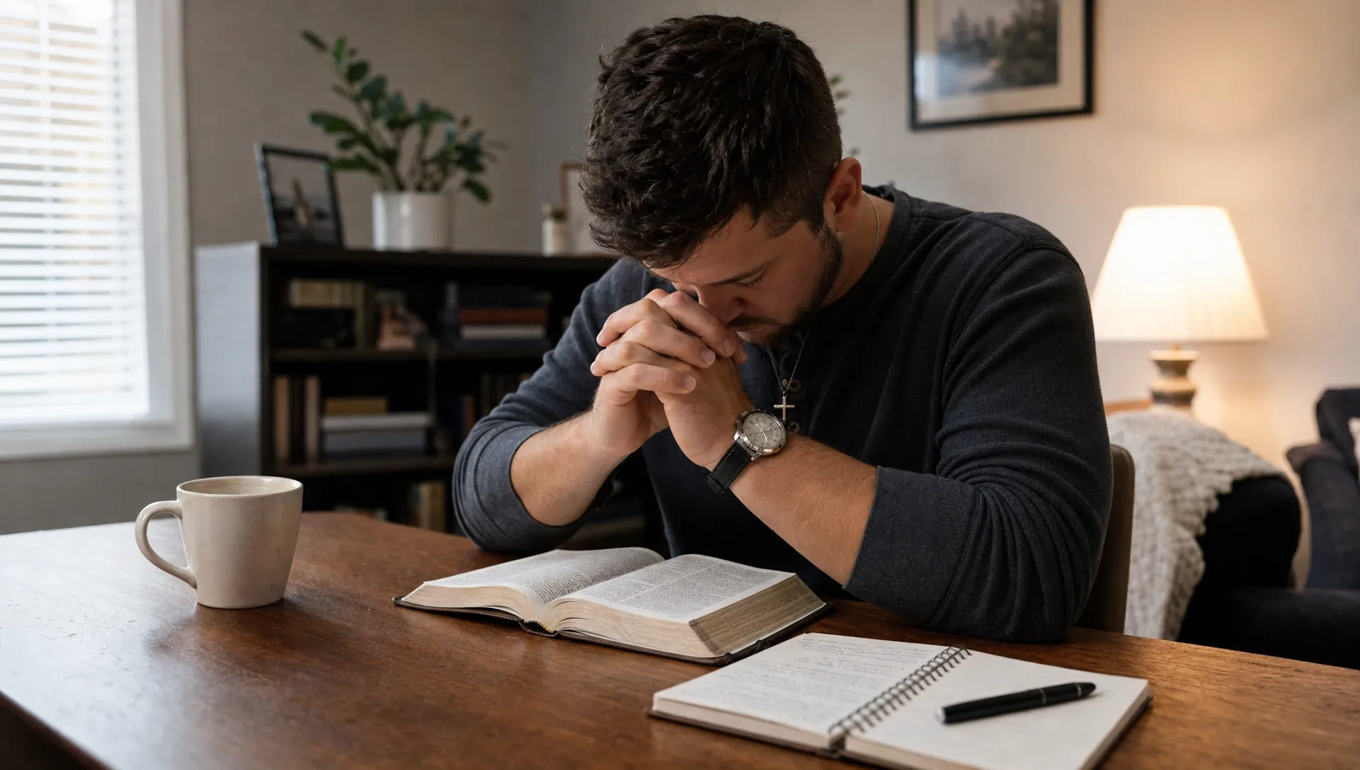 A person sits at a wooden table with an open Bible and notebook, reflecting on faith through prayer and Scripture.