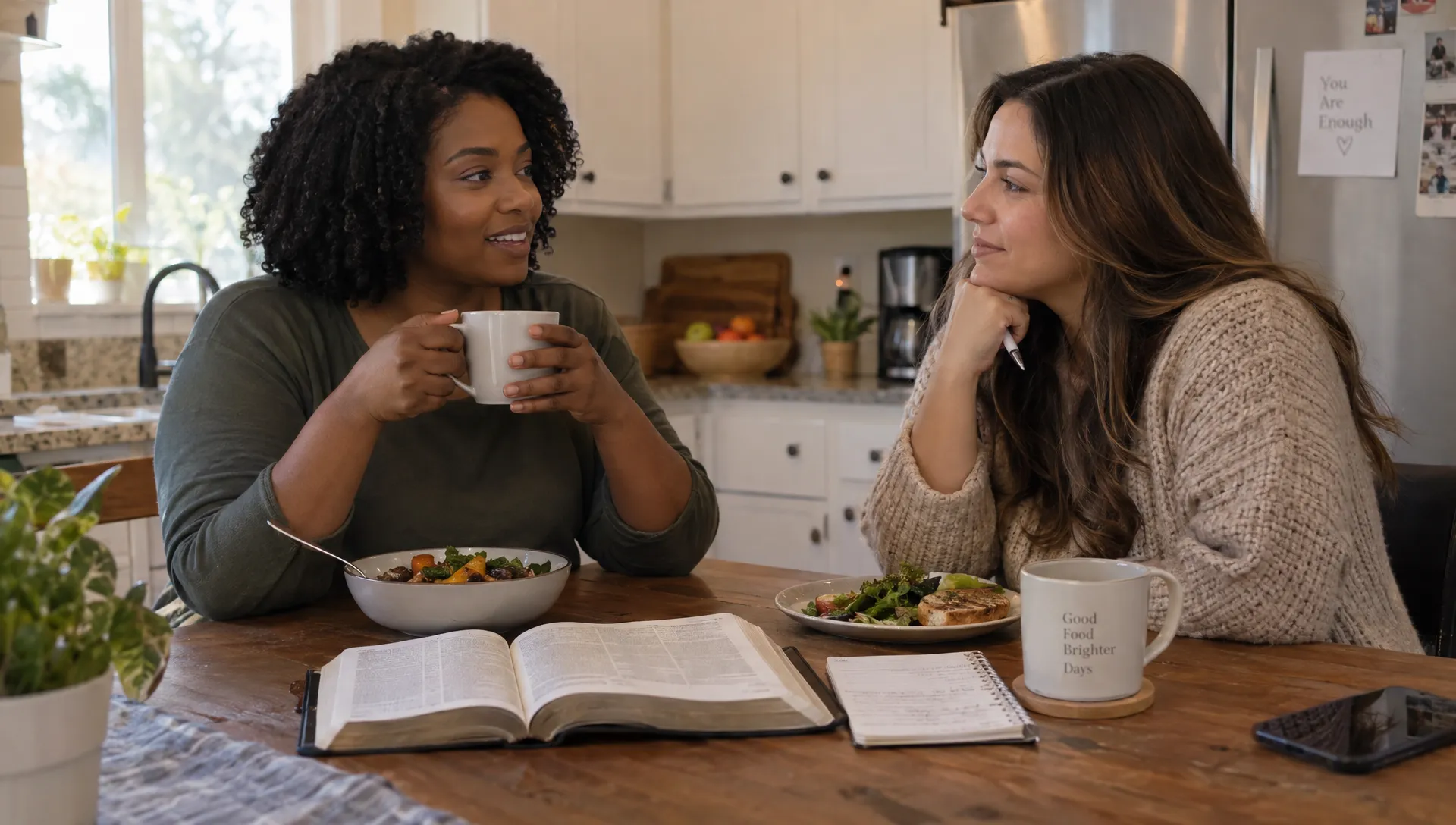 Two friends share a meal at a kitchen table, with an open Bible and a notebook nearby as they discuss practical support.