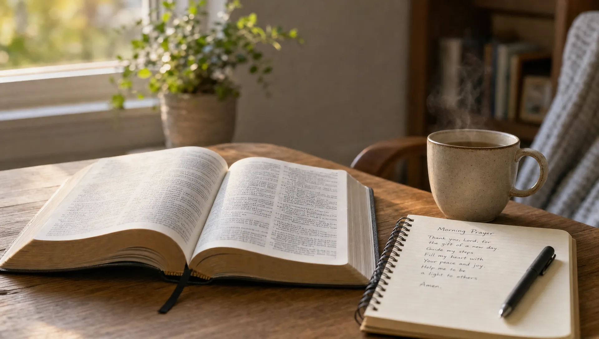 An open Bible on a wooden table beside a journal and a warm cup of tea in a quiet morning prayer setting.