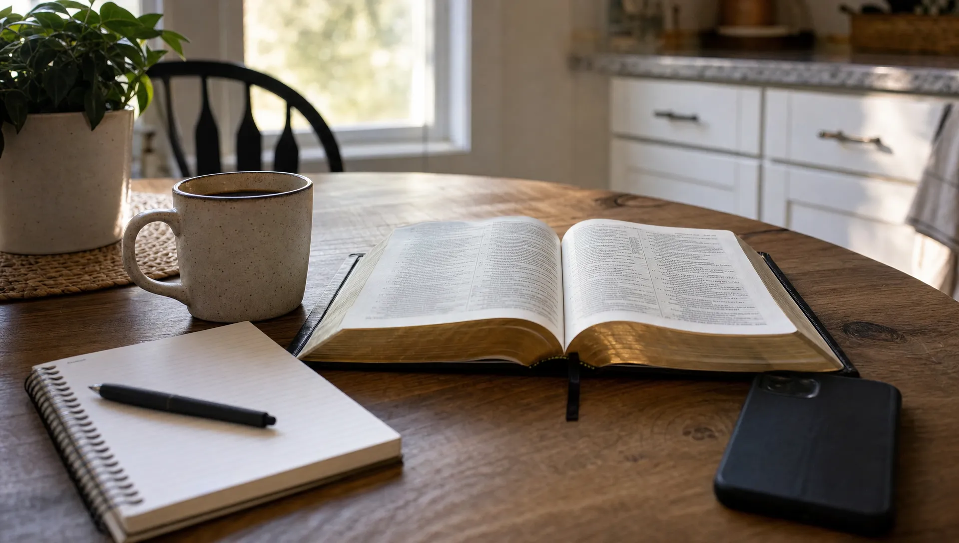 A kitchen table holds an open Bible, a notebook, a face-down phone and a cup of coffee during a quiet morning reflection.