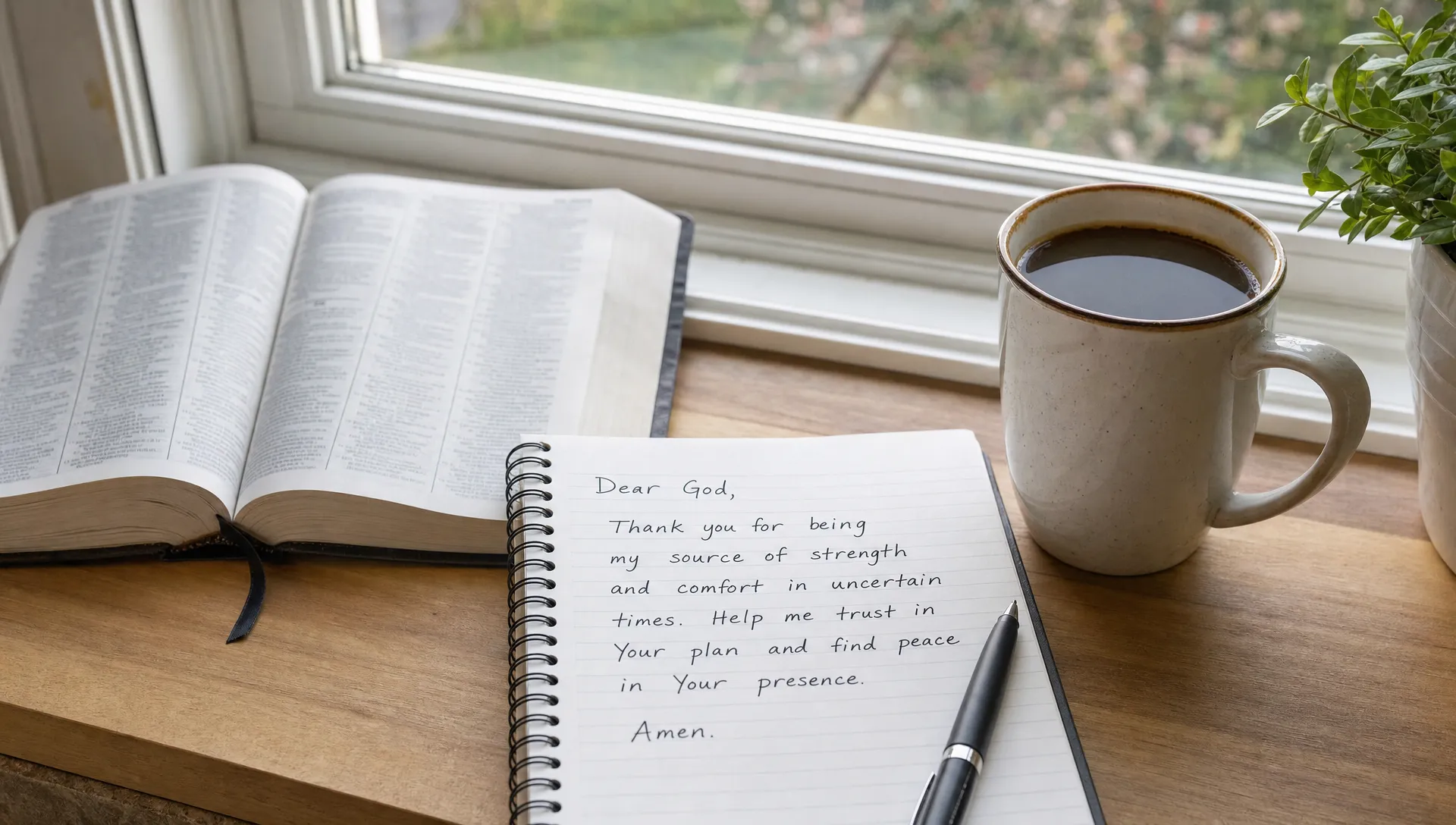An open Bible sits beside a cup of coffee on a windowsill with a notebook open to a short prayer about faith in God during uncertain times.