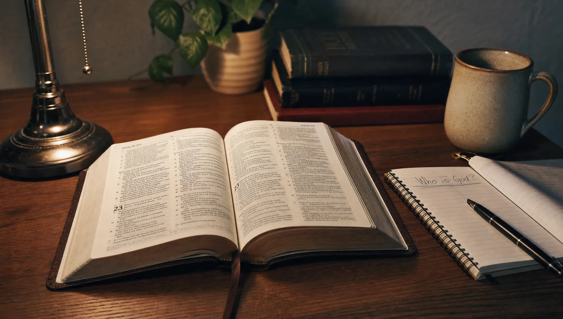 An open Bible on a wooden table beside a lamp and notebook shows a prayerful search to understand who God is.