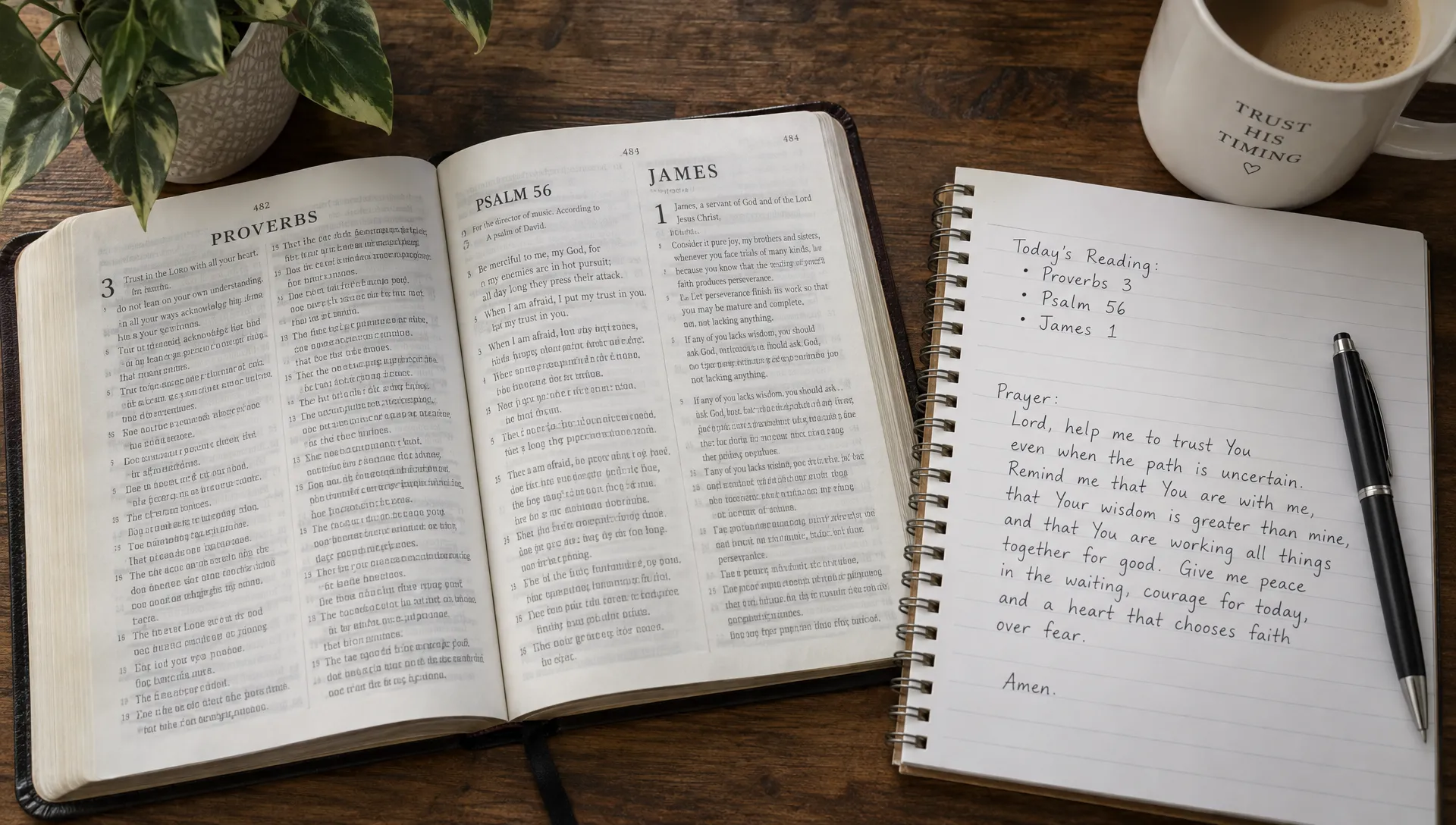 An overhead view of an open Bible and a journal listing Proverbs 3, Psalm 56 and James 1, with a handwritten prayer about trusting God through uncertainty.